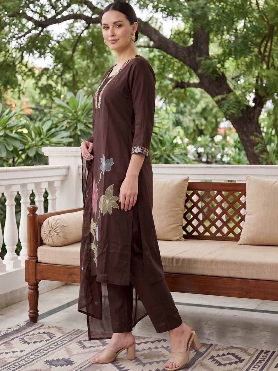 Indo Era Women Floral Embroidered Regular Thread Work Pure Cotton Kurta with Trousers & With Dupatta thumbnail 3