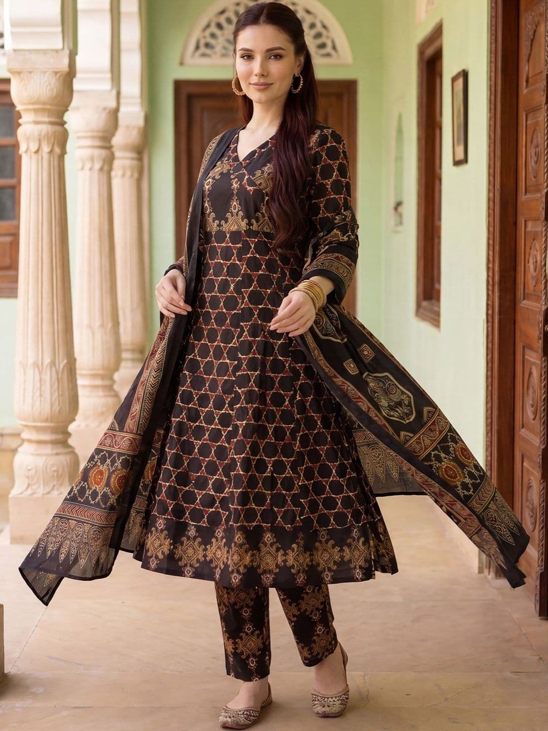 Indo Era Women Ethnic Motifs Printed Regular Pure Cotton Kurta with Trousers & With Dupatta - view 1