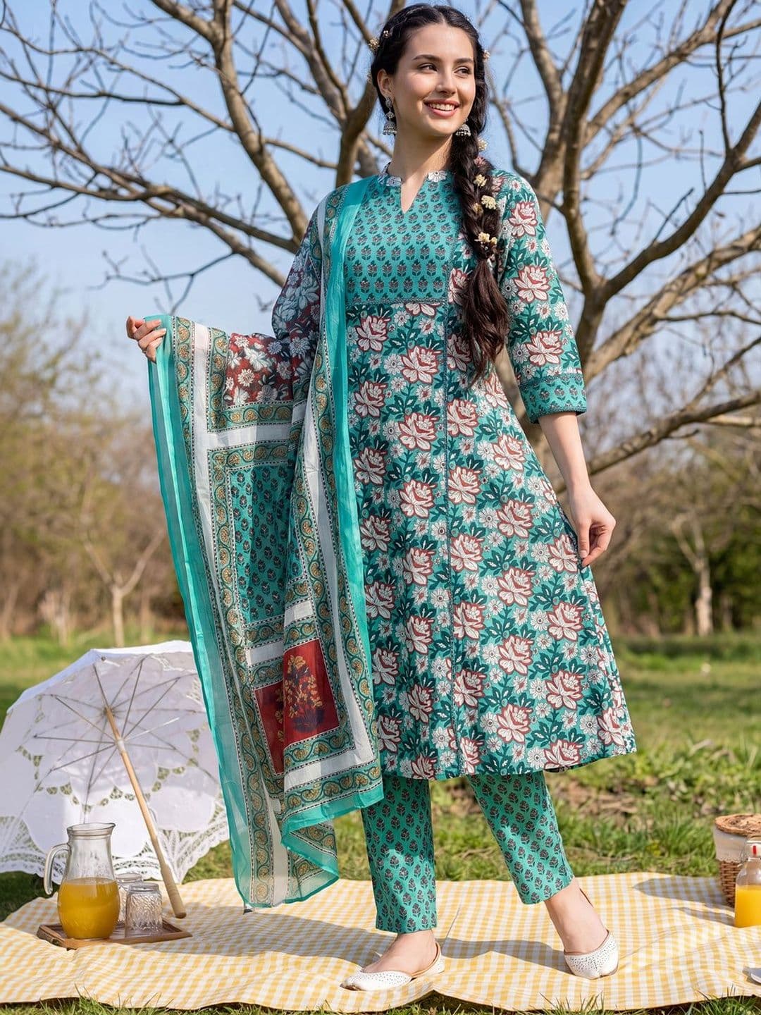 Indo Era Women Floral Printed Regular Pure Cotton Kurta with Trousers & With Dupatta - view 1
