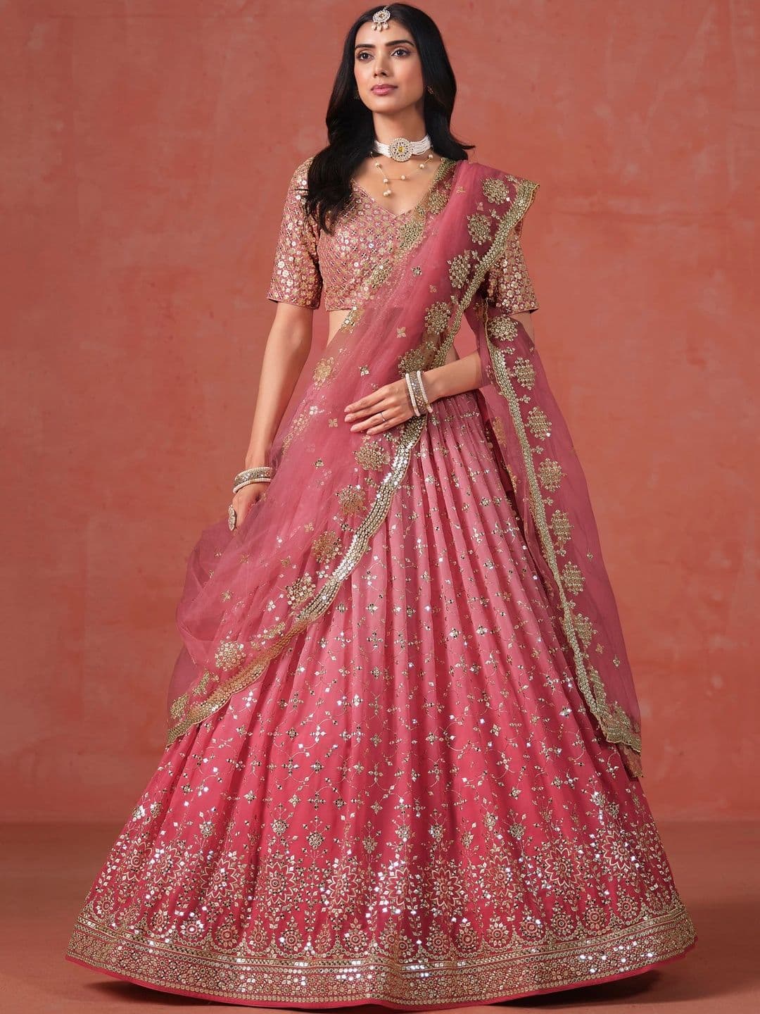 ETHNIC PLUS Embroidered Peach Embellished Sequinned Semi-Stitched Lehenga & Blouse With Dupatta - view 1