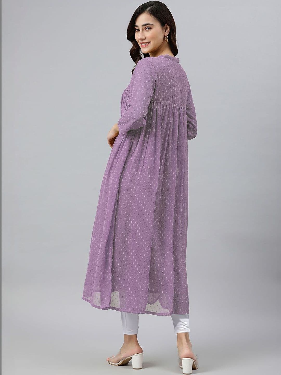Janasya Women Lavender Dobby Chiffon Self Design Flared Kurta thumbnail 5