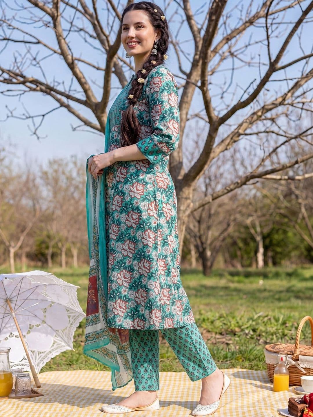 Indo Era Women Floral Printed Regular Pure Cotton Kurta with Trousers & With Dupatta thumbnail 5