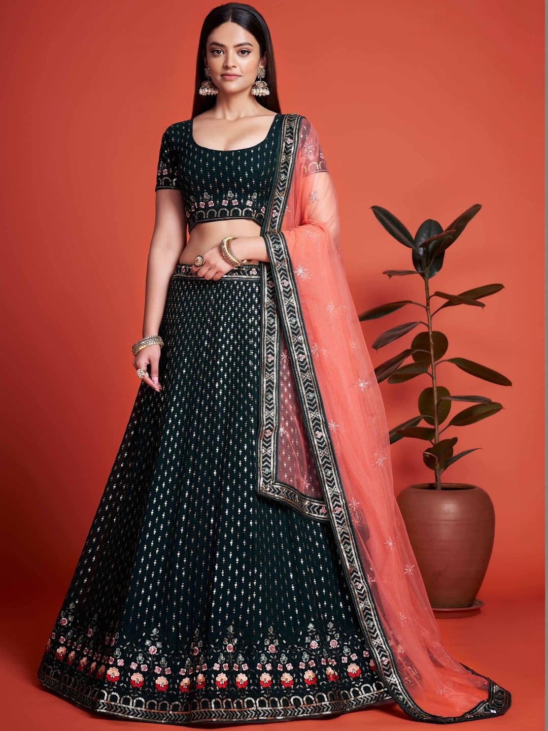ETHNIC PLUS Embroidered Green Embellished Sequinned Net Semi-Stitched Lehenga & Blouse With Dupatta - view 1