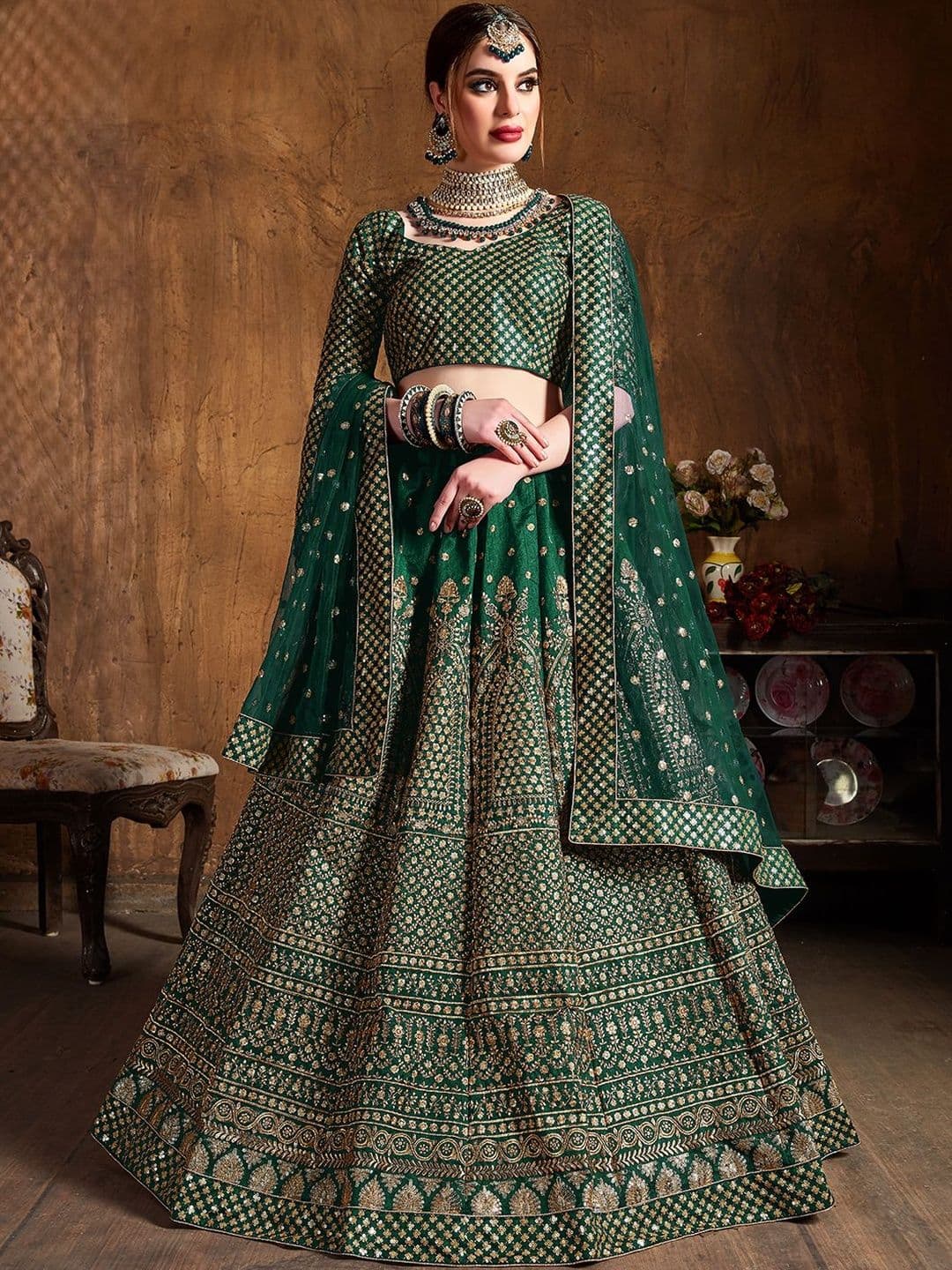 ETHNIC PLUS Green Embroidered Sequinned Semi-Stitched Silk Lehenga & Blouse With Dupatta - view 1