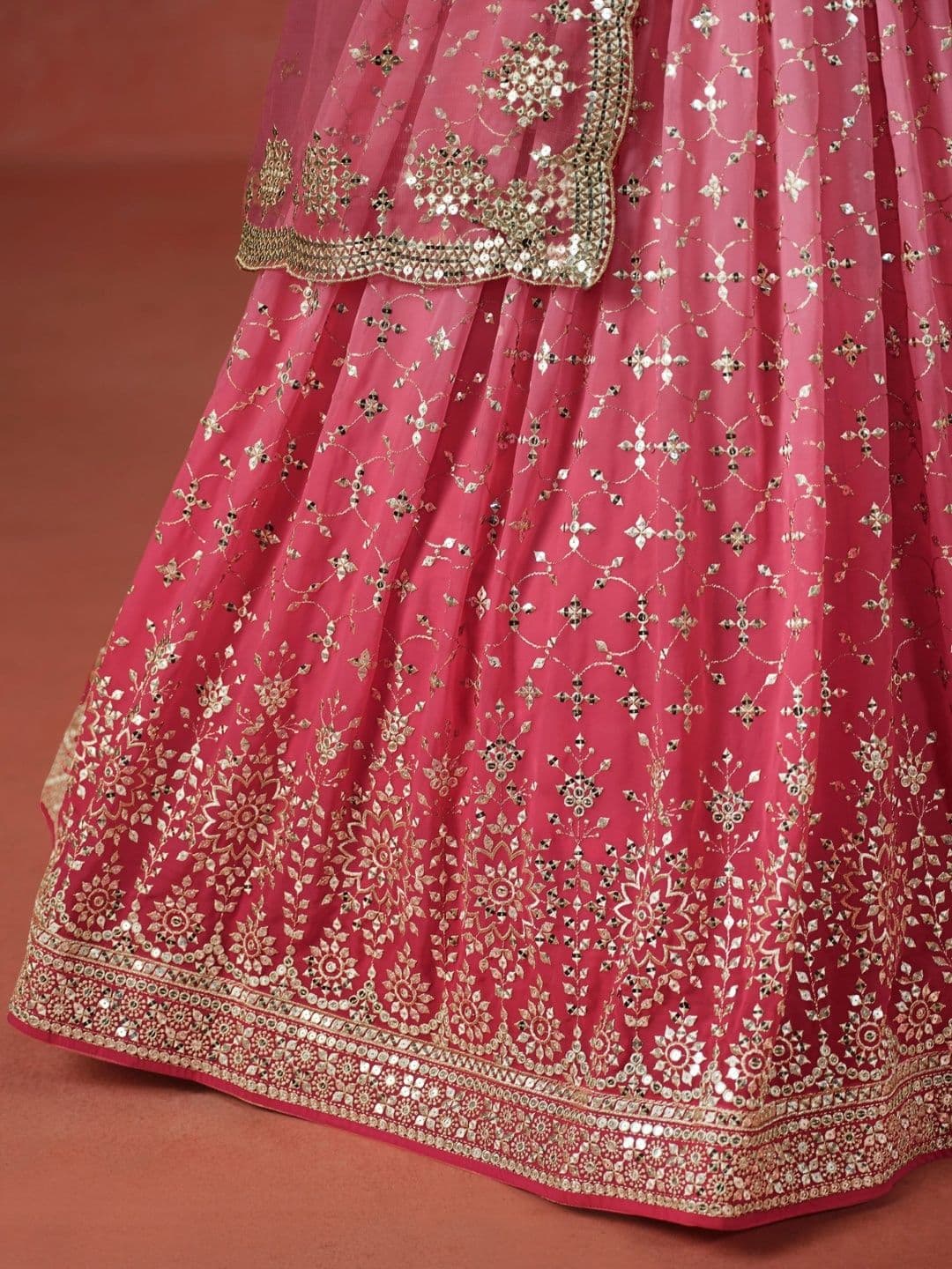 ETHNIC PLUS Embroidered Peach Embellished Sequinned Semi-Stitched Lehenga & Blouse With Dupatta thumbnail 4