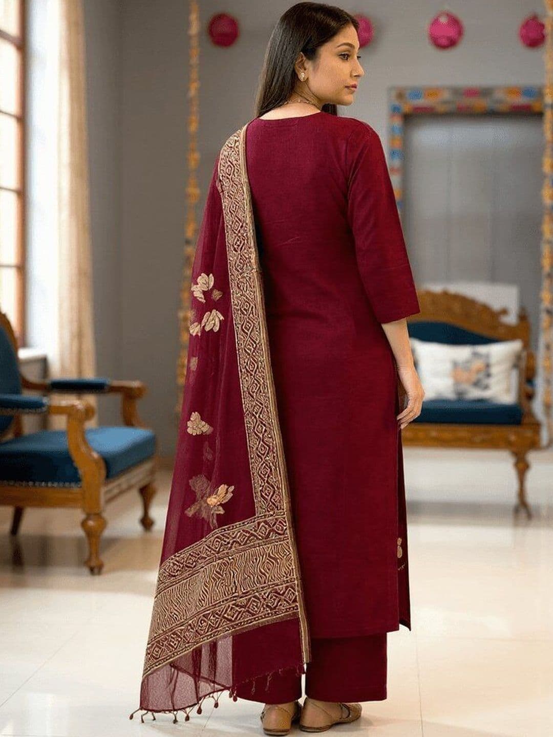 NARI DREAM Women Floral Embroidered Regular Thread Work Kurta with Palazzos & With Dupatta thumbnail 3