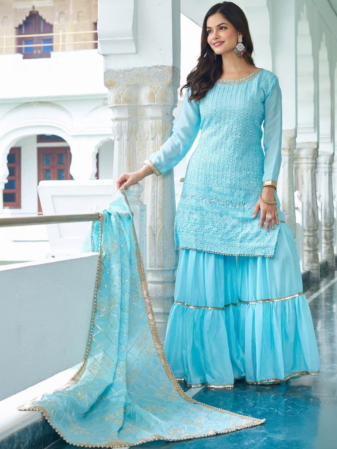 HERE&NOW Women Ethnic Motifs Embroidered Regular Thread Work Kurta with Sharara & With Dupatta thumbnail 5