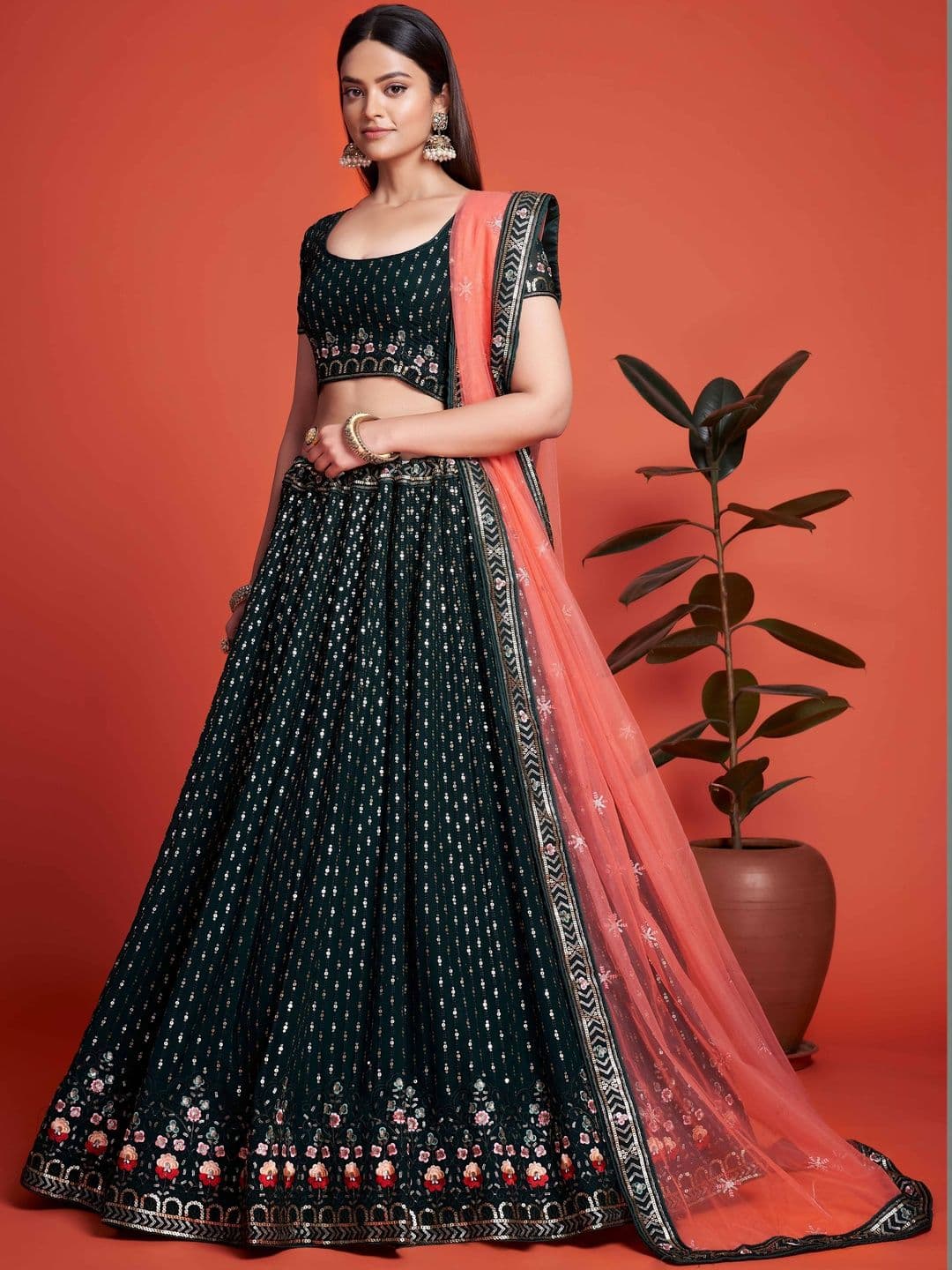 ETHNIC PLUS Embroidered Green Embellished Sequinned Net Semi-Stitched Lehenga & Blouse With Dupatta thumbnail 3