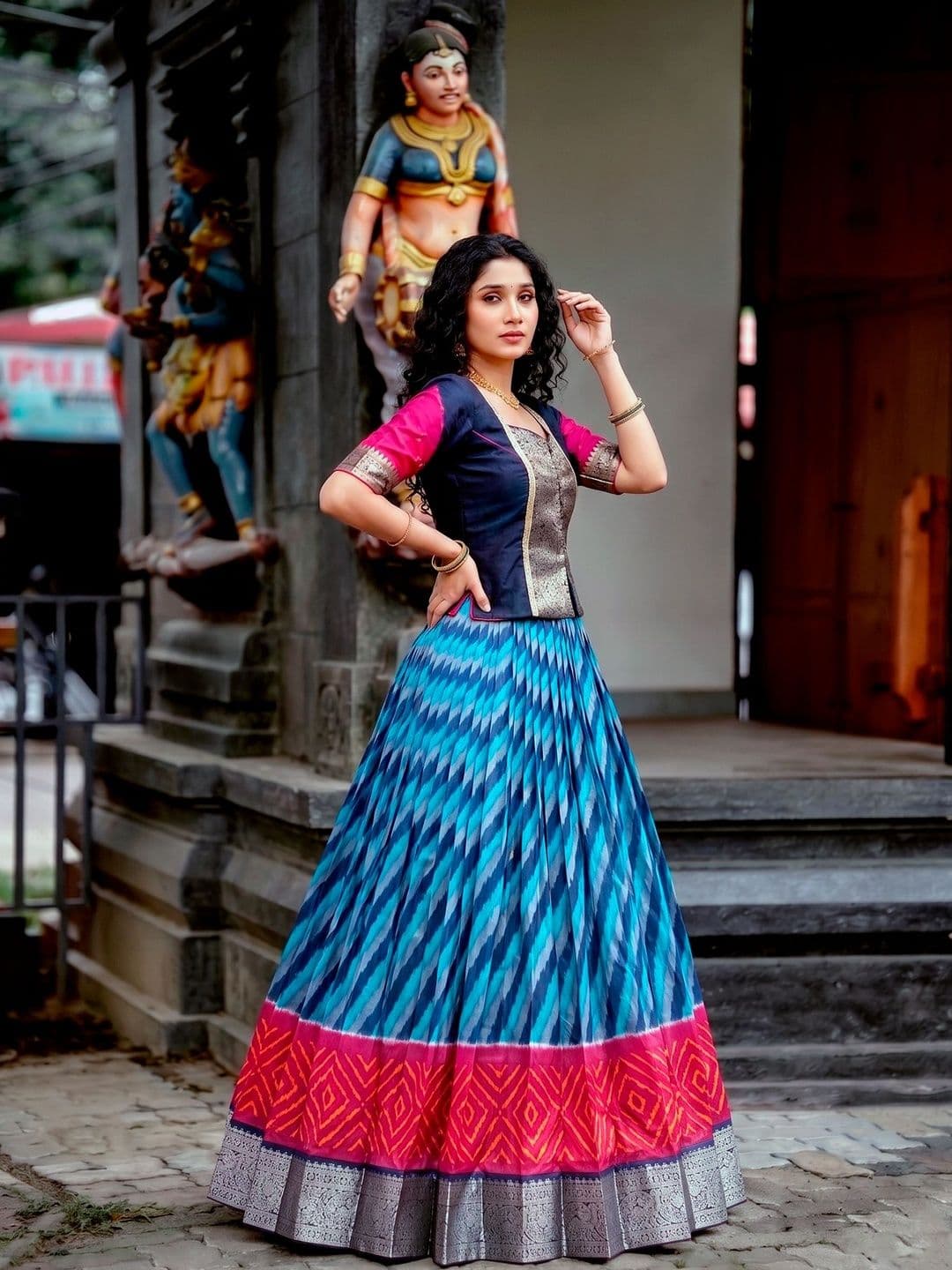 LOOKNBOOK ART Tasar Silk Leheriya Print Lehenga Choli with Rich Zari Weaving Work - view 1