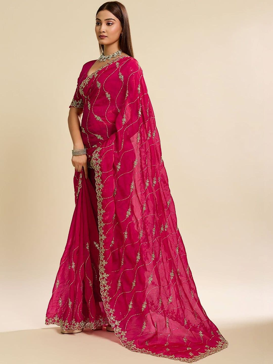Elite Fashion Embellished Embroidered Satin Heavy Work Saree thumbnail 5