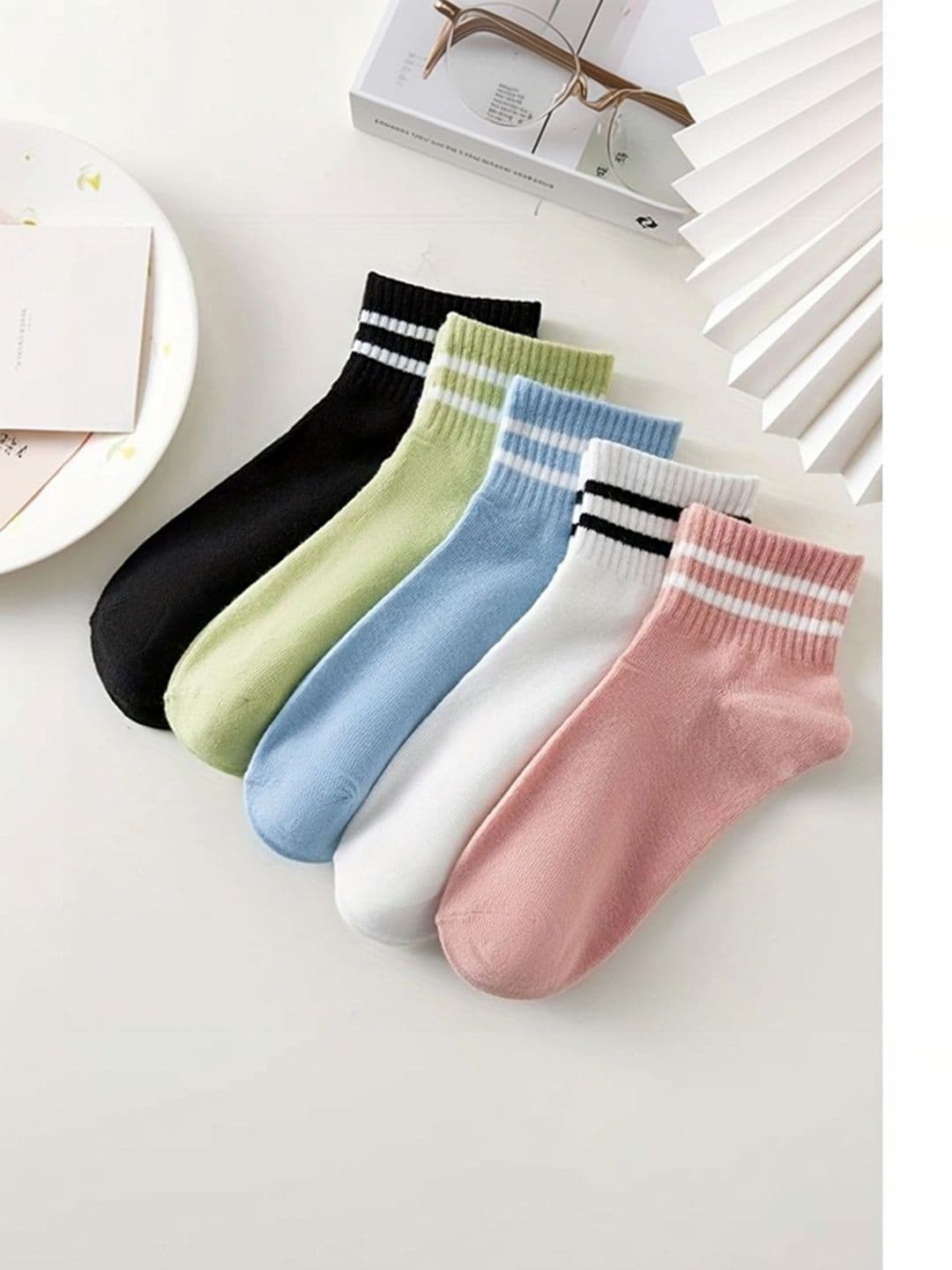 BEAR&BEYOND Men Pack of 5 Cotton Striped Ankle Length Socks thumbnail 2