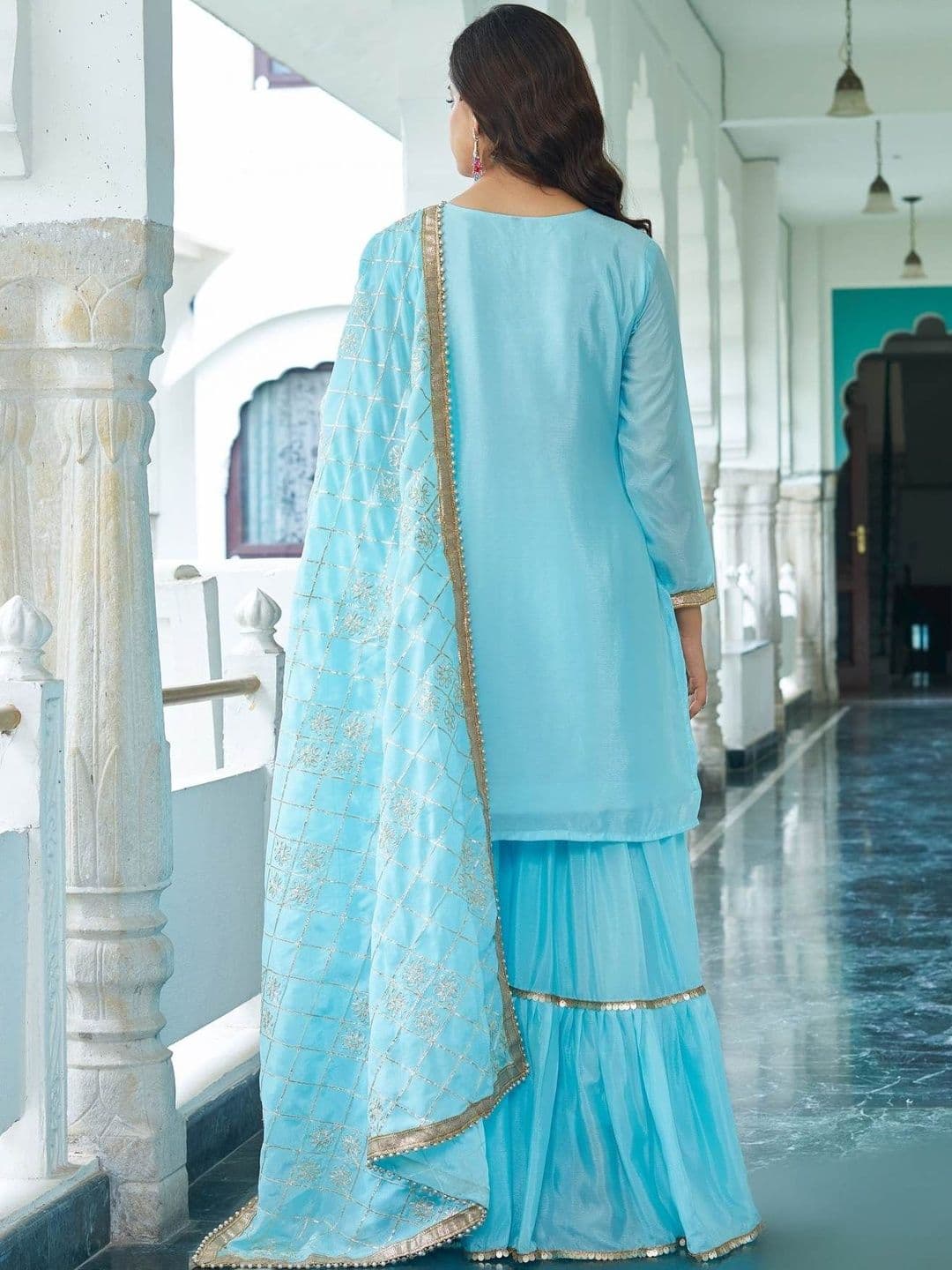HERE&NOW Women Ethnic Motifs Embroidered Regular Thread Work Kurta with Sharara & With Dupatta thumbnail 3