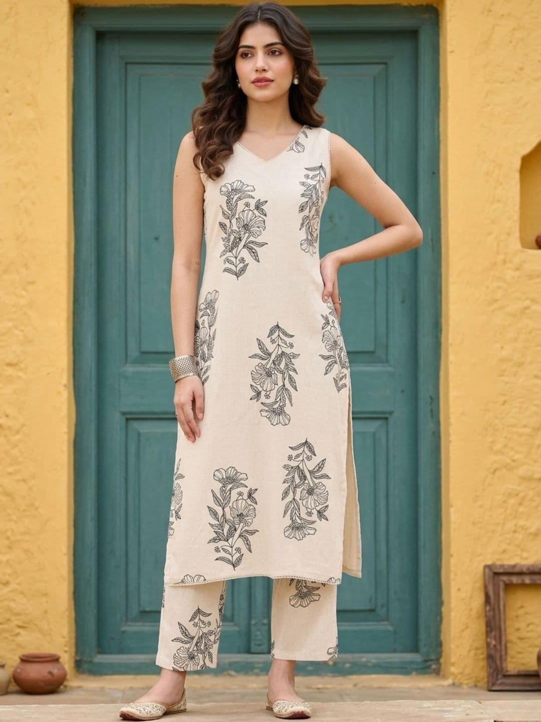Sangria Floral Cotton Printed Tunic with Trousers - view 1