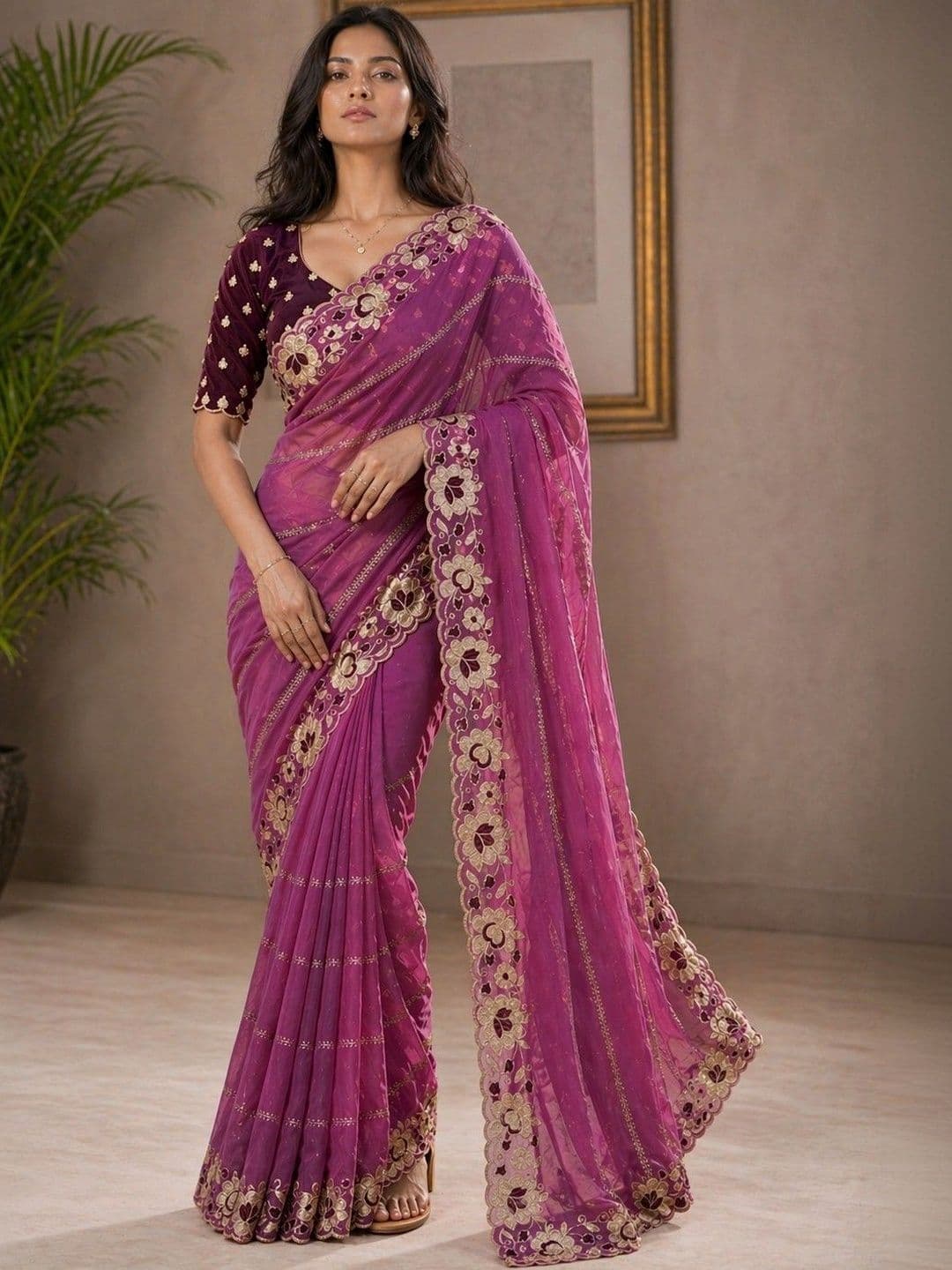 HERE&NOW Floral Embellished Embroidered Poly Georgette Banarasi Saree - view 1