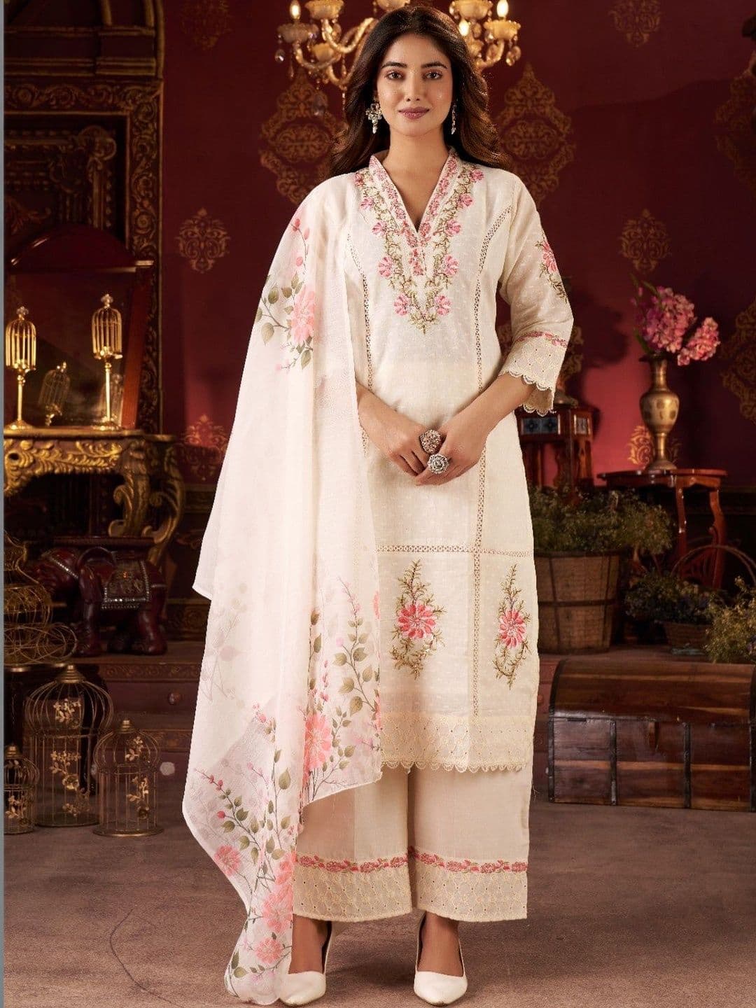 CARTYSHOP Women Floral Embroidered Regular Thread Work Pure Cotton Kurta with Trousers & With Dupatta - view 1