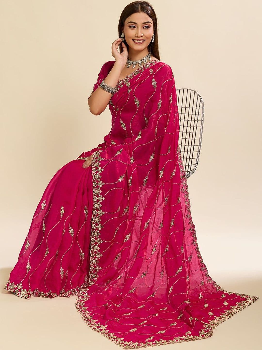 Elite Fashion Embellished Embroidered Satin Heavy Work Saree thumbnail 3