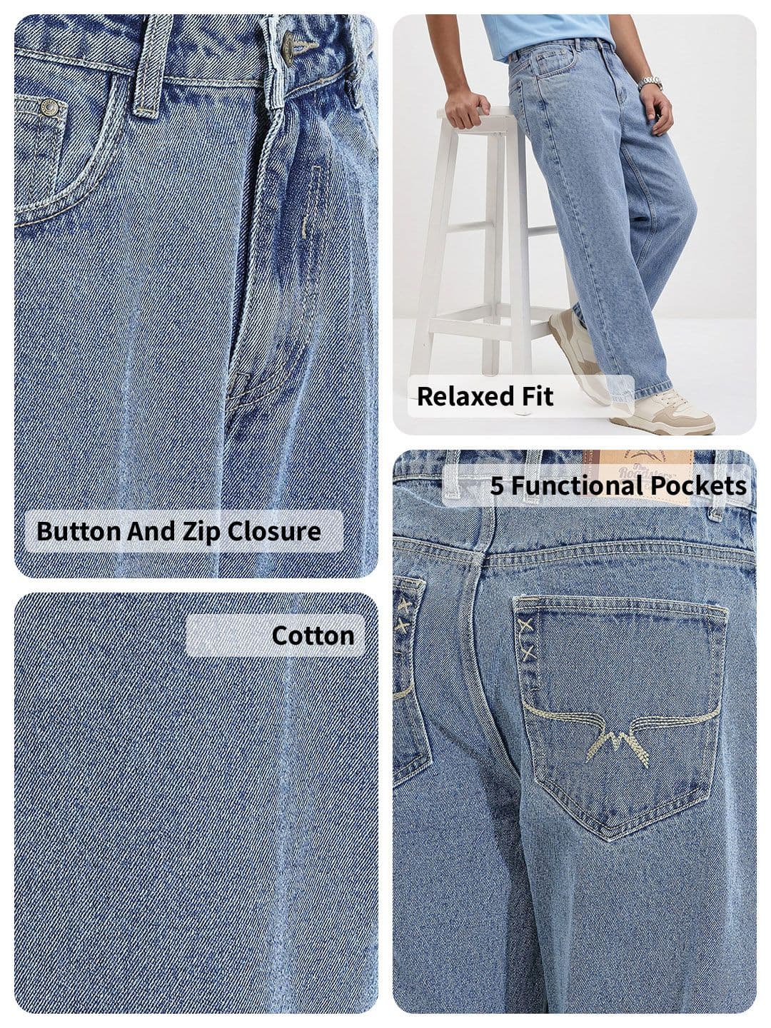 Roadster Men Relaxed Fit Mid-Rise Heavy Faded Pure Cotton Jeans thumbnail 5