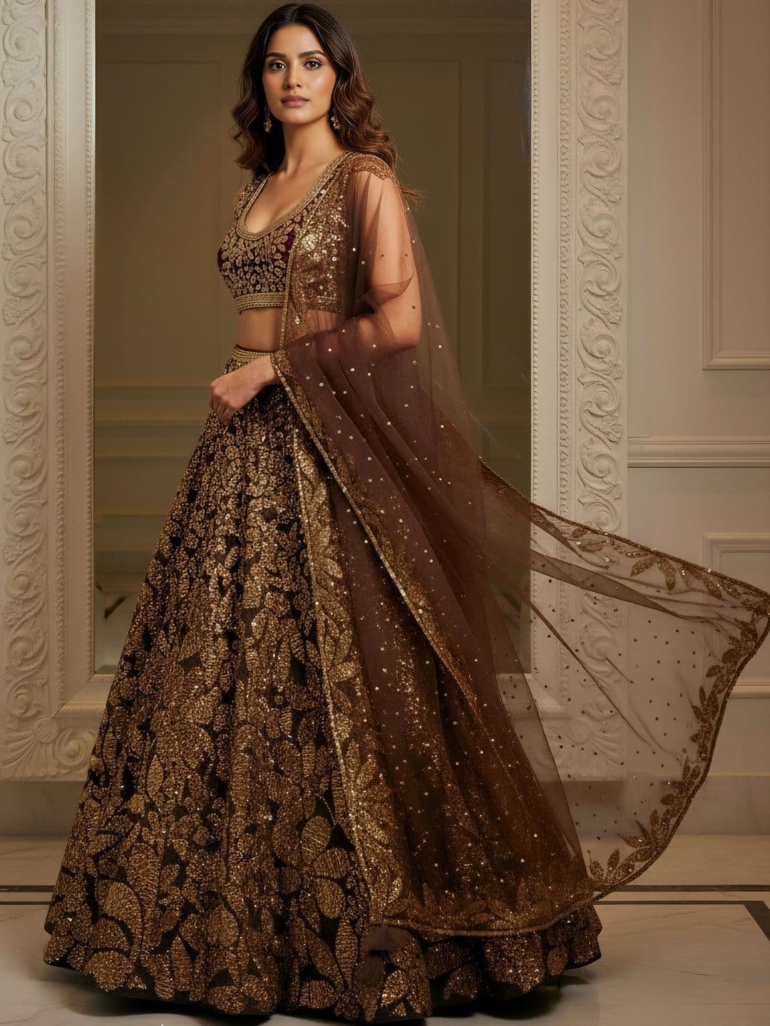 ETHNIC PLUS Embroidered Brown Embellished Sequinned Semi-Stitched Lehenga & Blouse With Dupatta - view 1