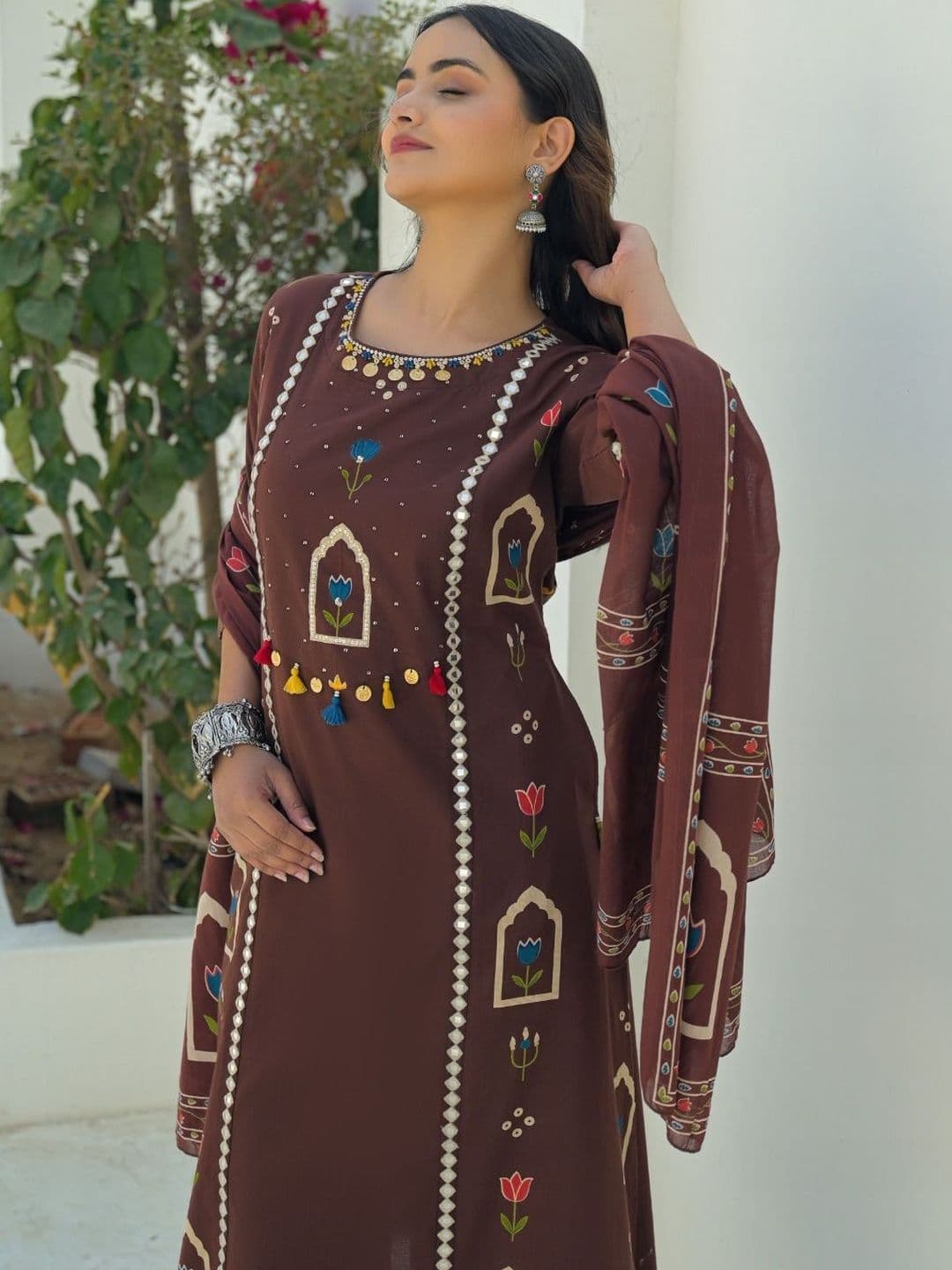 Sangria Printed Cotton Round Neck Kurta & Trousers With Dupatta thumbnail 4