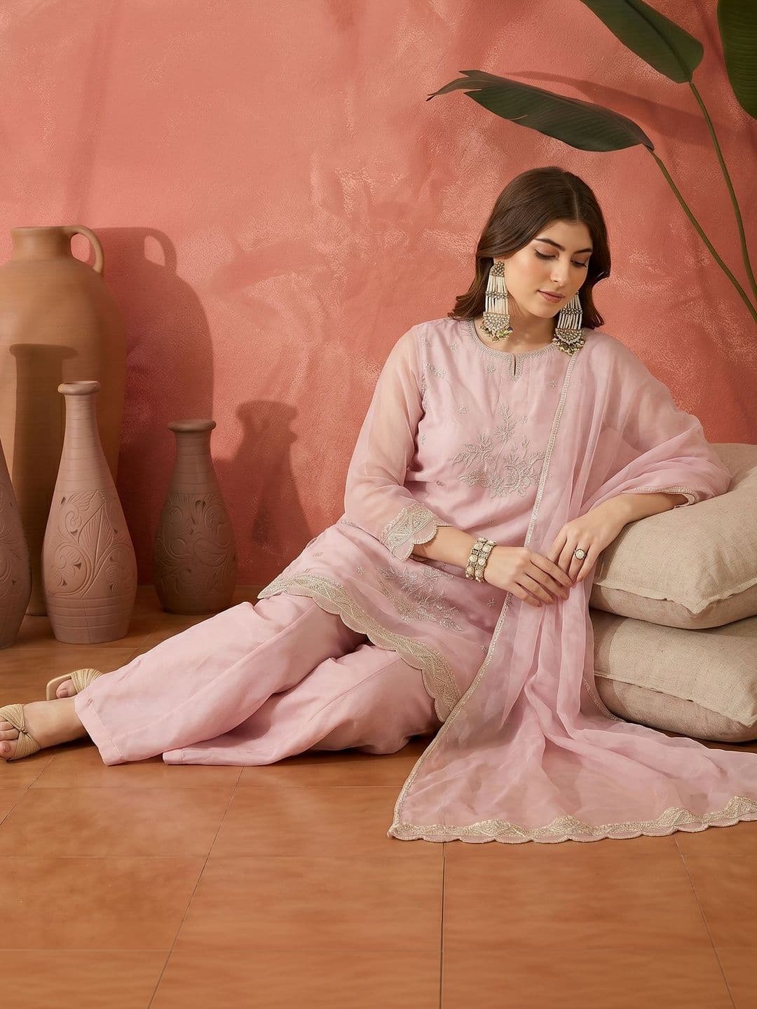Sangria Embroidered Round Neck Kurta & Trousers With Dupatta - view 1