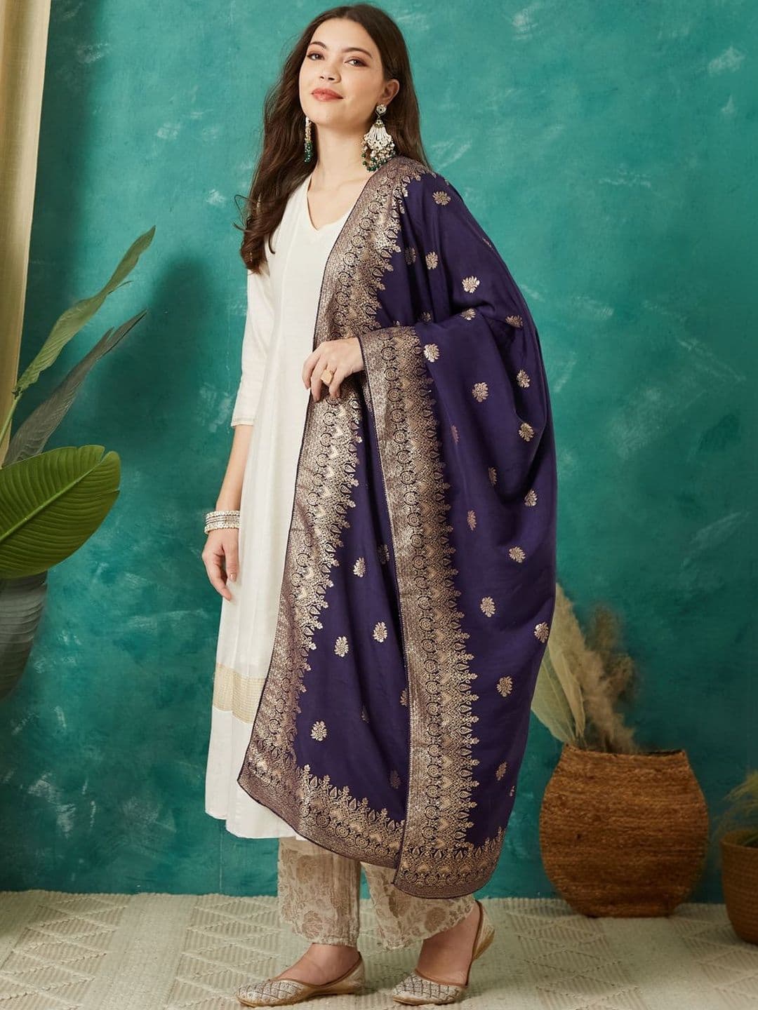 VASVI Ethnic Motifs Woven Design Cotton Silk Dupatta with Zari thumbnail 6