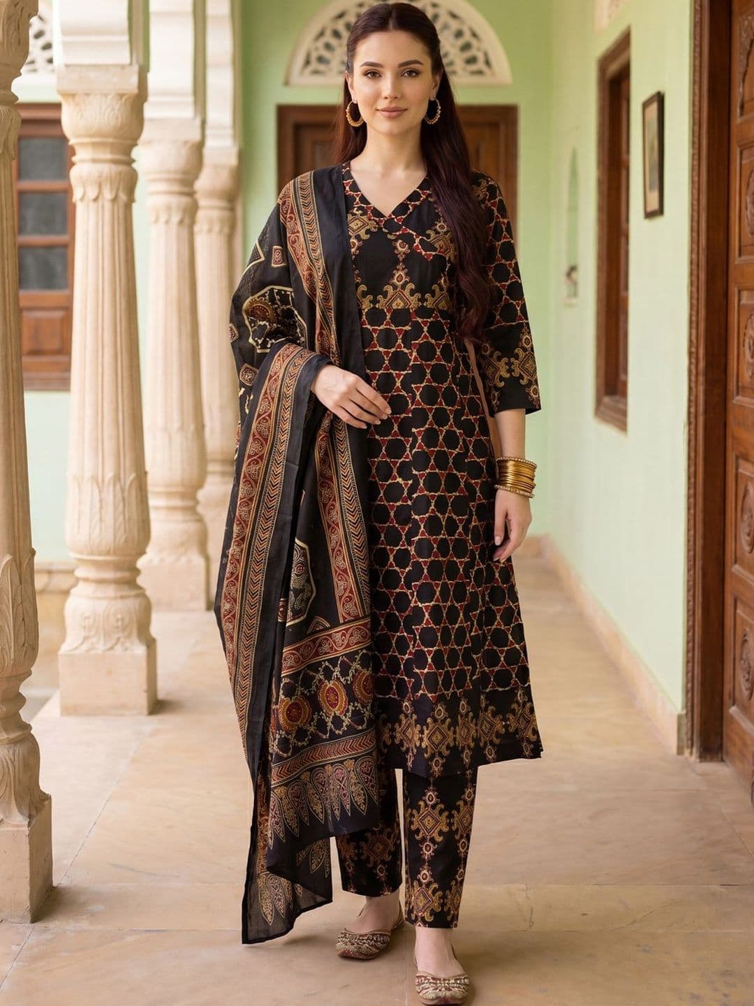 Indo Era Women Ethnic Motifs Printed Regular Pure Cotton Kurta with Trousers & With Dupatta thumbnail 4