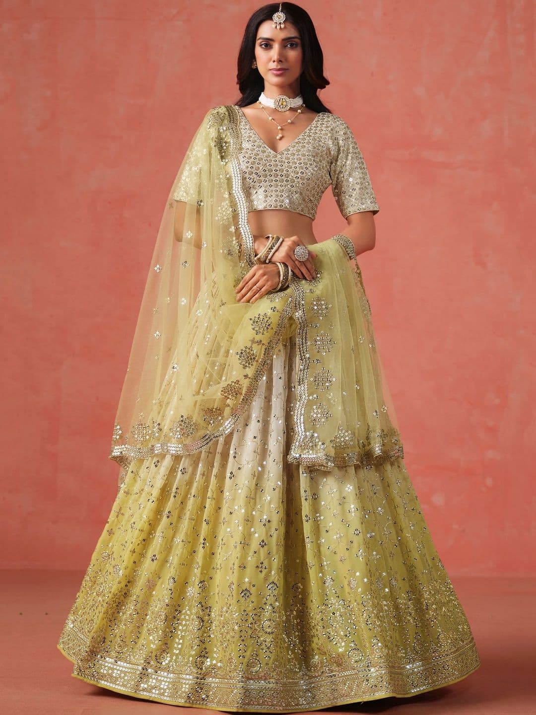 ETHNIC PLUS Embroidered Yellow Embellished Sequinned Semi-Stitched Lehenga & Blouse With Dupatta - view 1