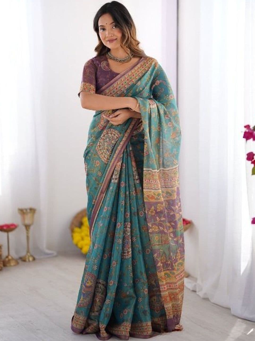KALINI Ethnic Motifs Linen Blend Handloom Chanderi Saree - view 1