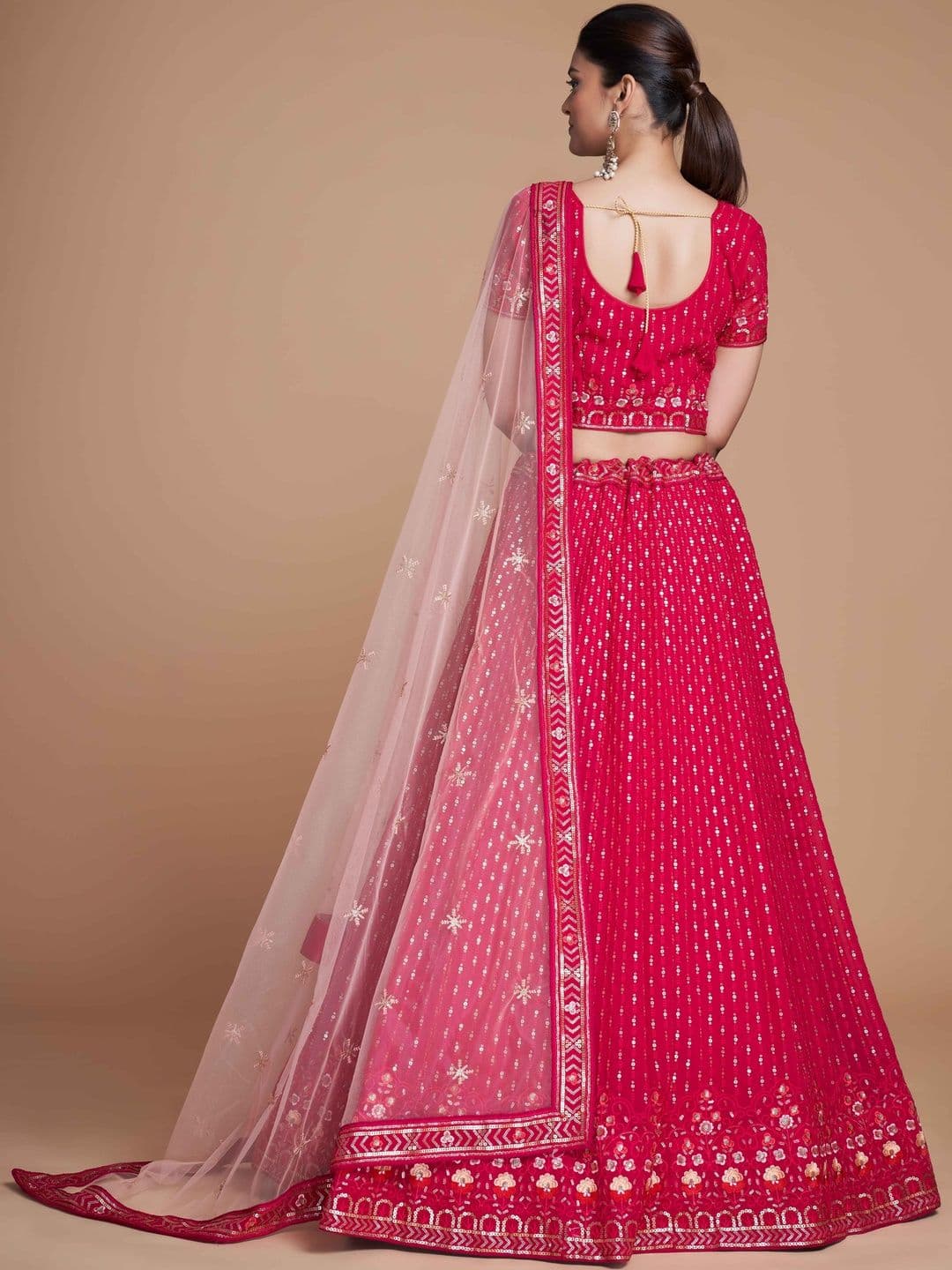 ETHNIC PLUS Embroidered Pink Embellished Sequinned net Semi-Stitched Lehenga & Blouse With Dupatta thumbnail 2
