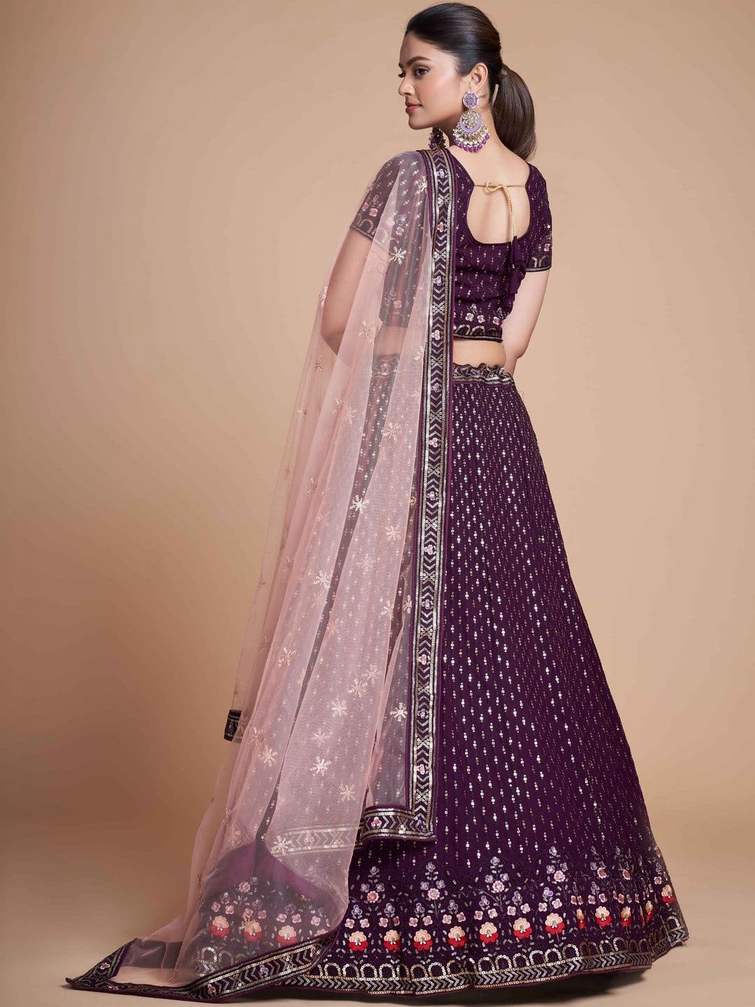ETHNIC PLUS Embroidered Purple Embellished Sequinned Semi-Stitched Lehenga & Blouse With Dupatta thumbnail 4