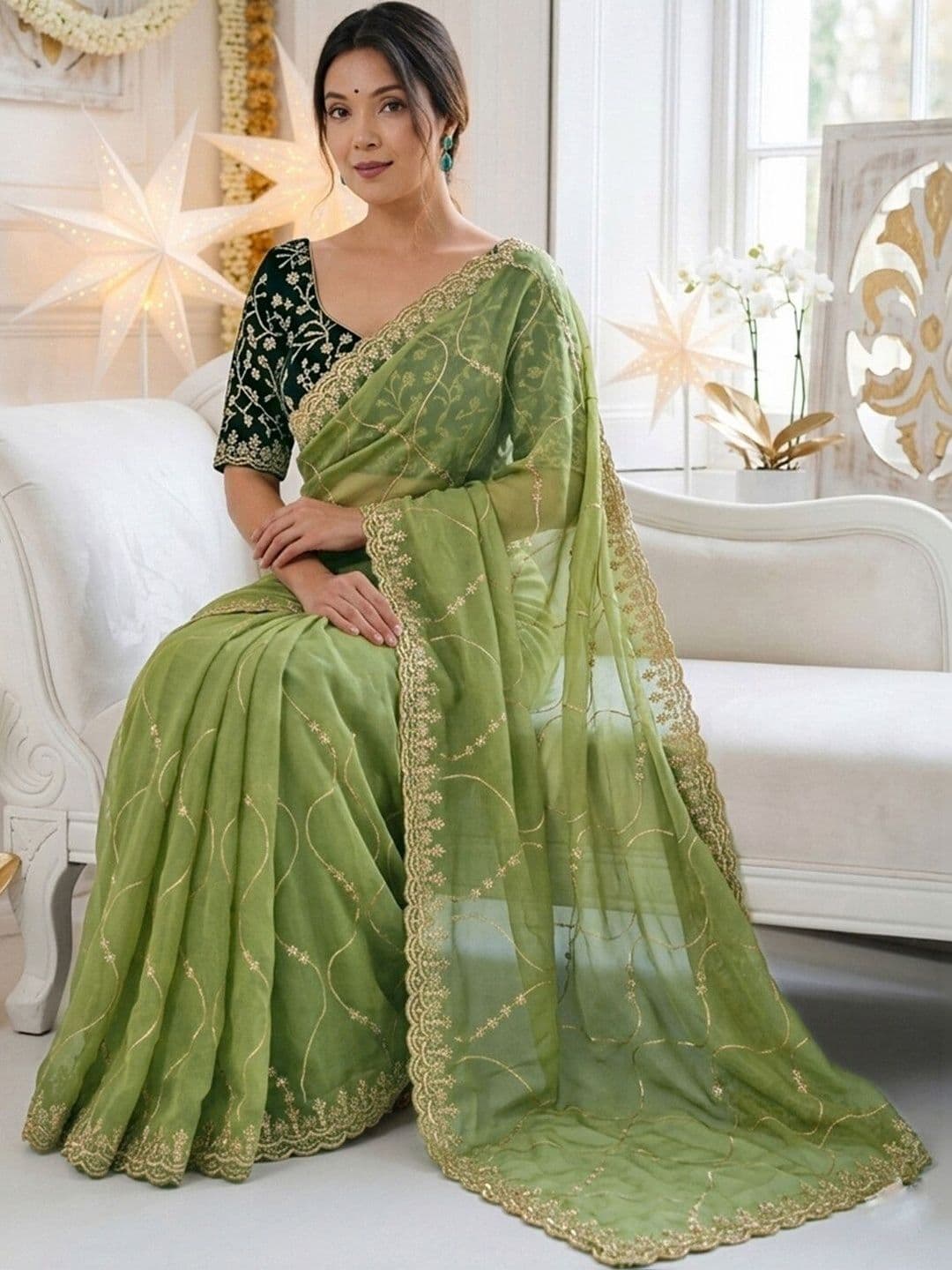 Satrani Floral Embroidered Pure Georgette Saree With Designer Blouse thumbnail 6