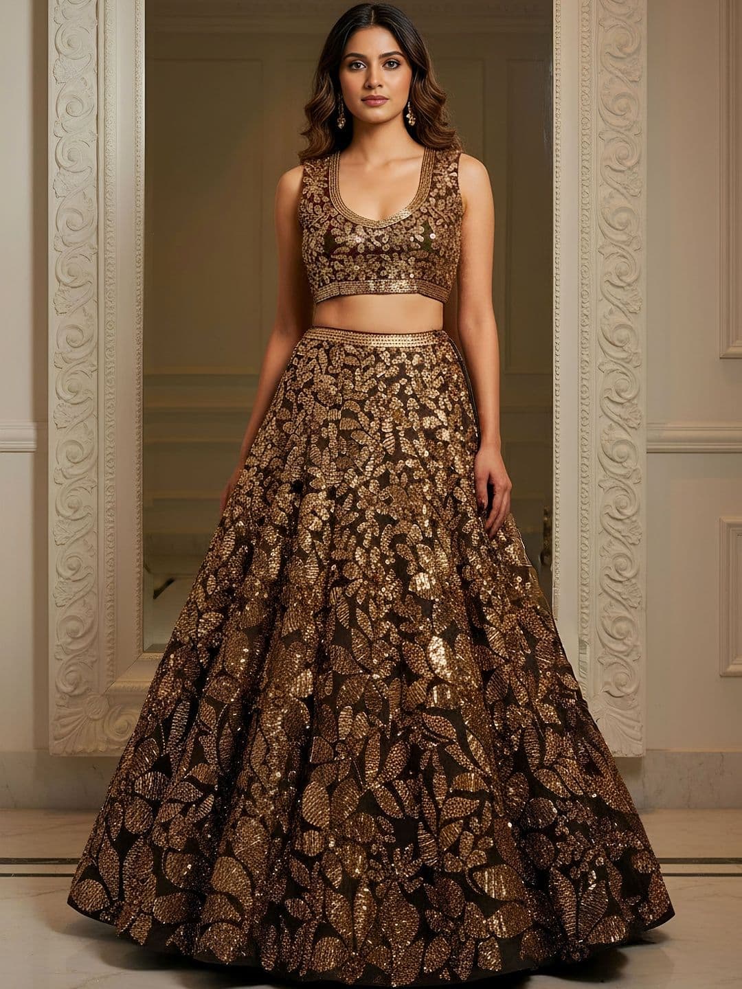 ETHNIC PLUS Embroidered Brown Embellished Sequinned Semi-Stitched Lehenga & Blouse With Dupatta thumbnail 2