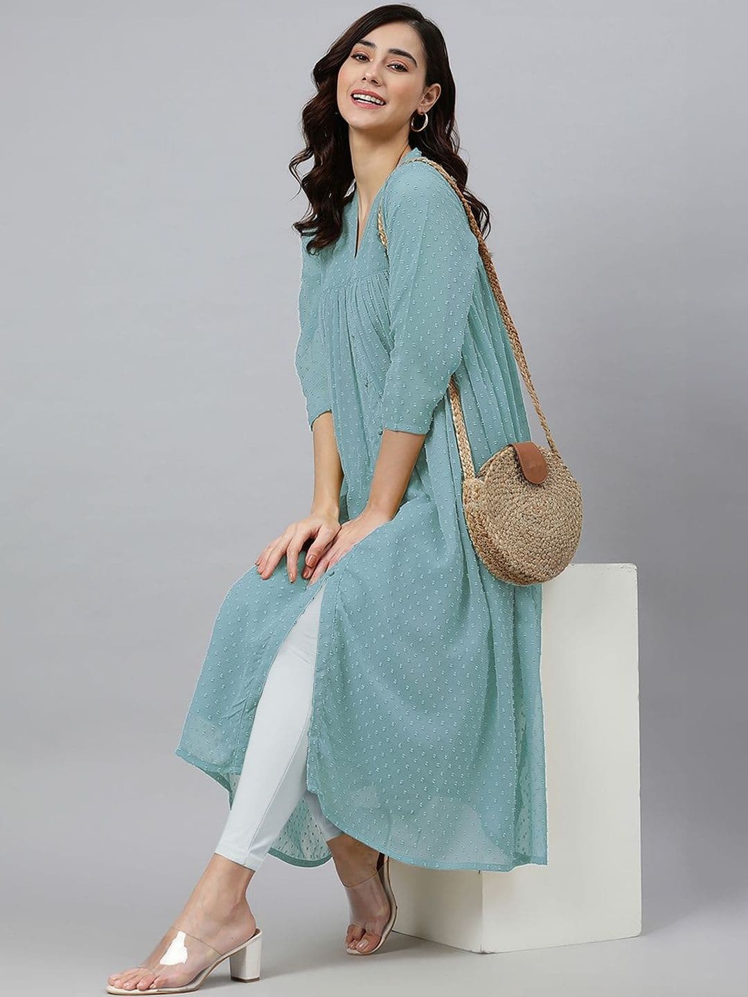 Janasya Women Blue Dobby Chiffon Self Design Flared Kurta thumbnail 5