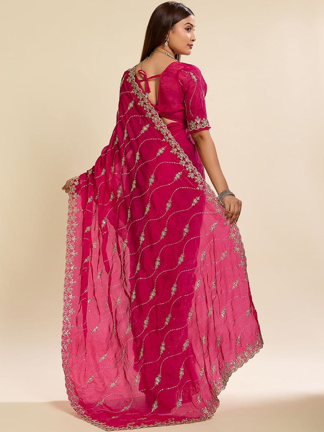 Elite Fashion Embellished Embroidered Satin Heavy Work Saree thumbnail 7