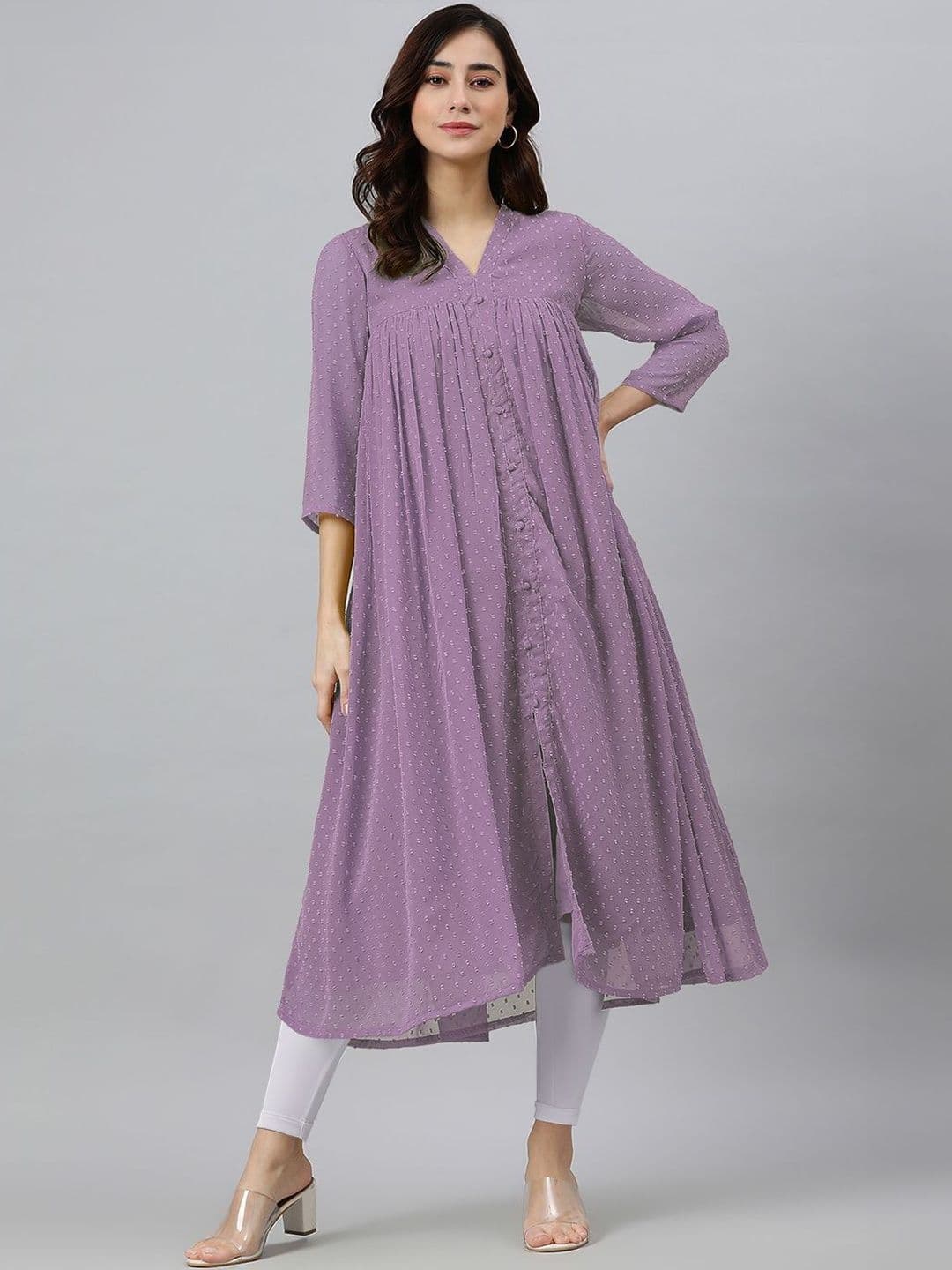 Janasya Women Lavender Dobby Chiffon Self Design Flared Kurta - view 1