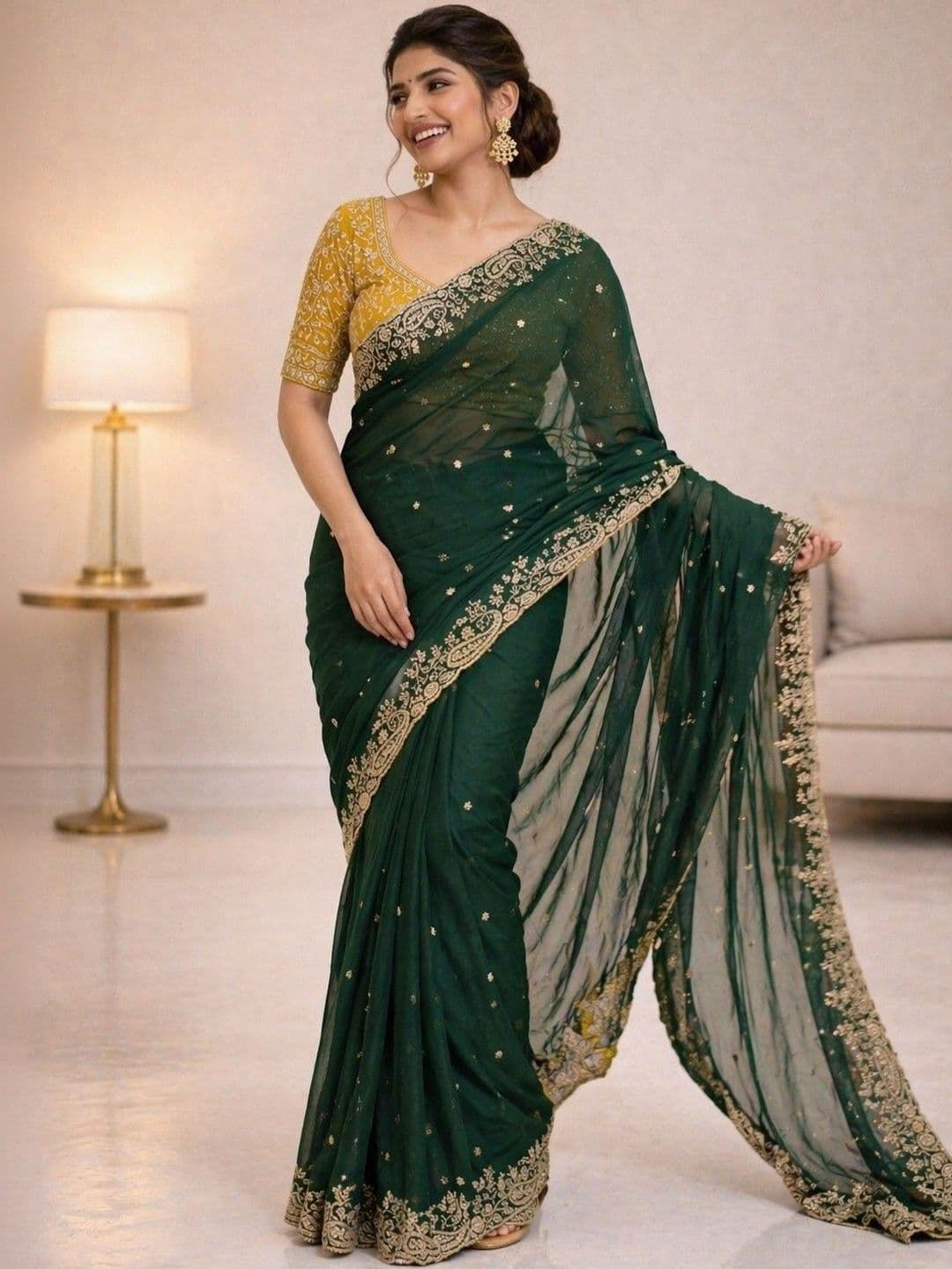 HERE&NOW Ethnic Motifs Embroidered Poly Georgette Heavy Work Banarasi Saree thumbnail 6