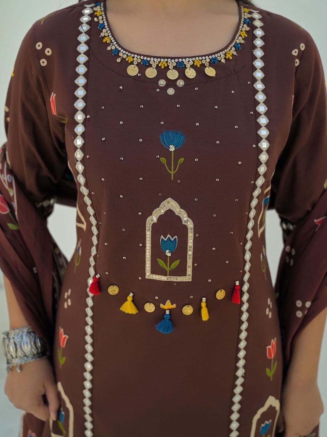 Sangria Printed Cotton Round Neck Kurta & Trousers With Dupatta thumbnail 5