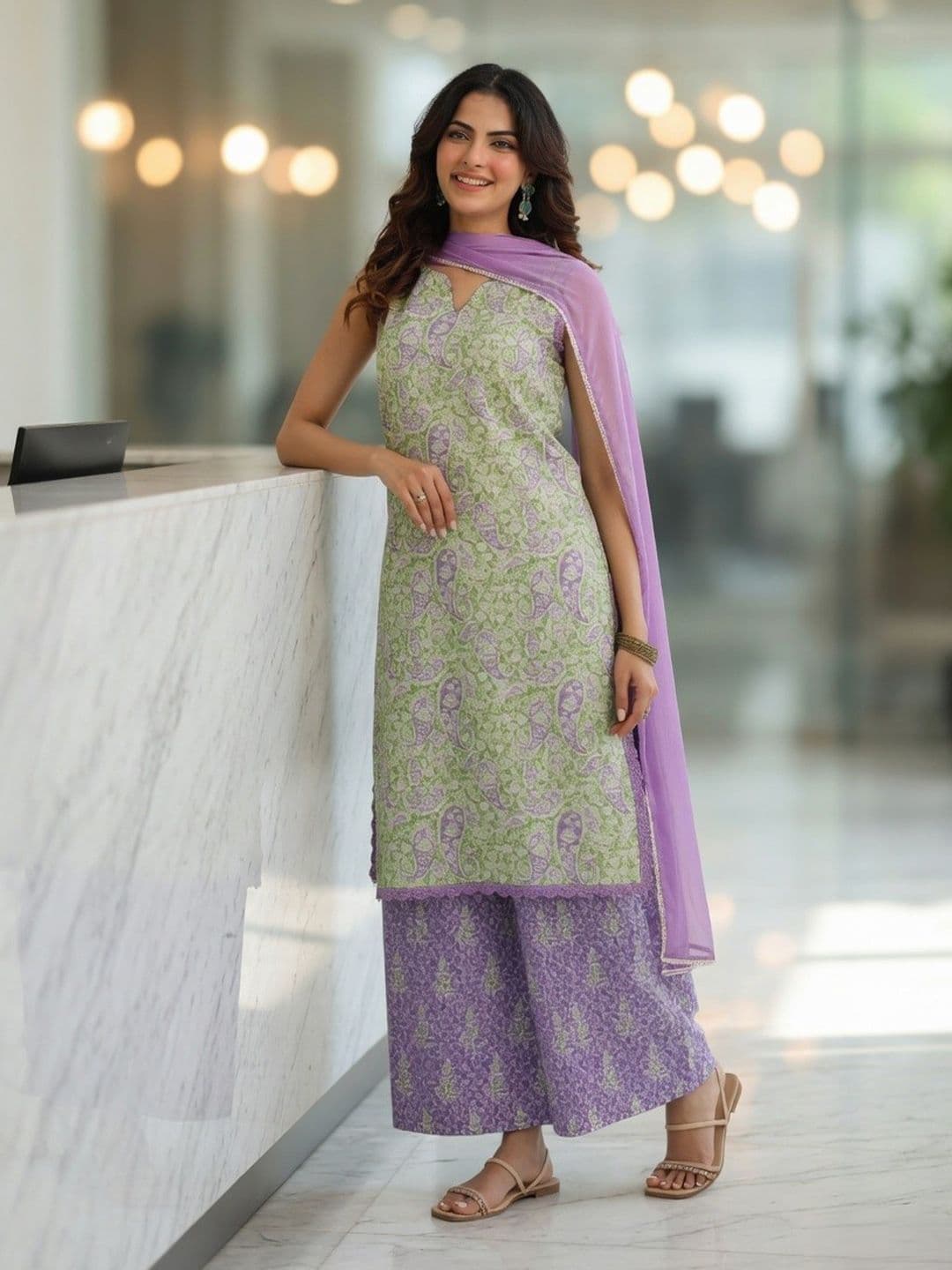Rain & Rainbow Ethnic Motifs Printed Pure Cotton Kurta with Palazzos & Dupatta - view 1