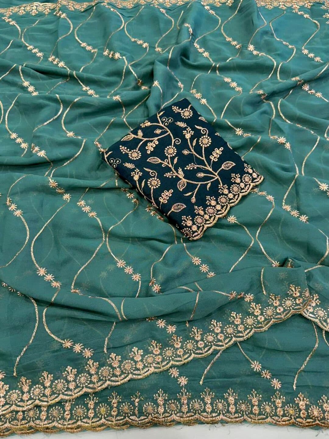 Satrani Embellished Embroidered Pure Georgette Saree With Designer Blouse thumbnail 6