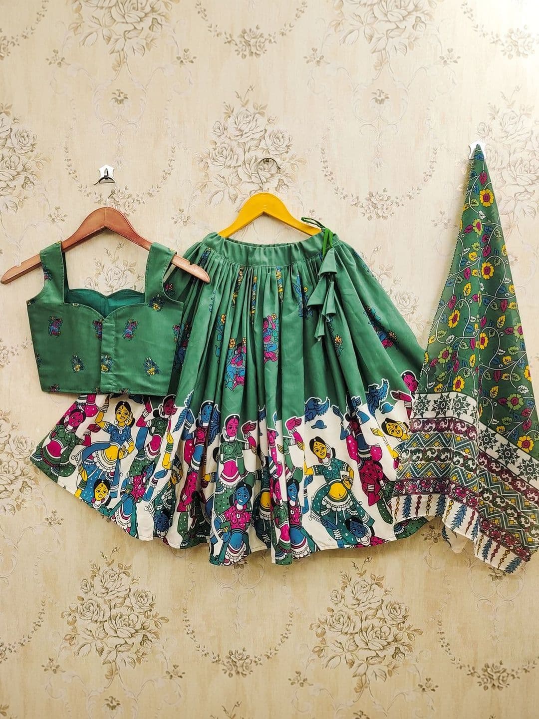 KALINI Girls Embroidered Kalamkari Ready to Wear Lehenga & Blouse With Dupatta thumbnail 3