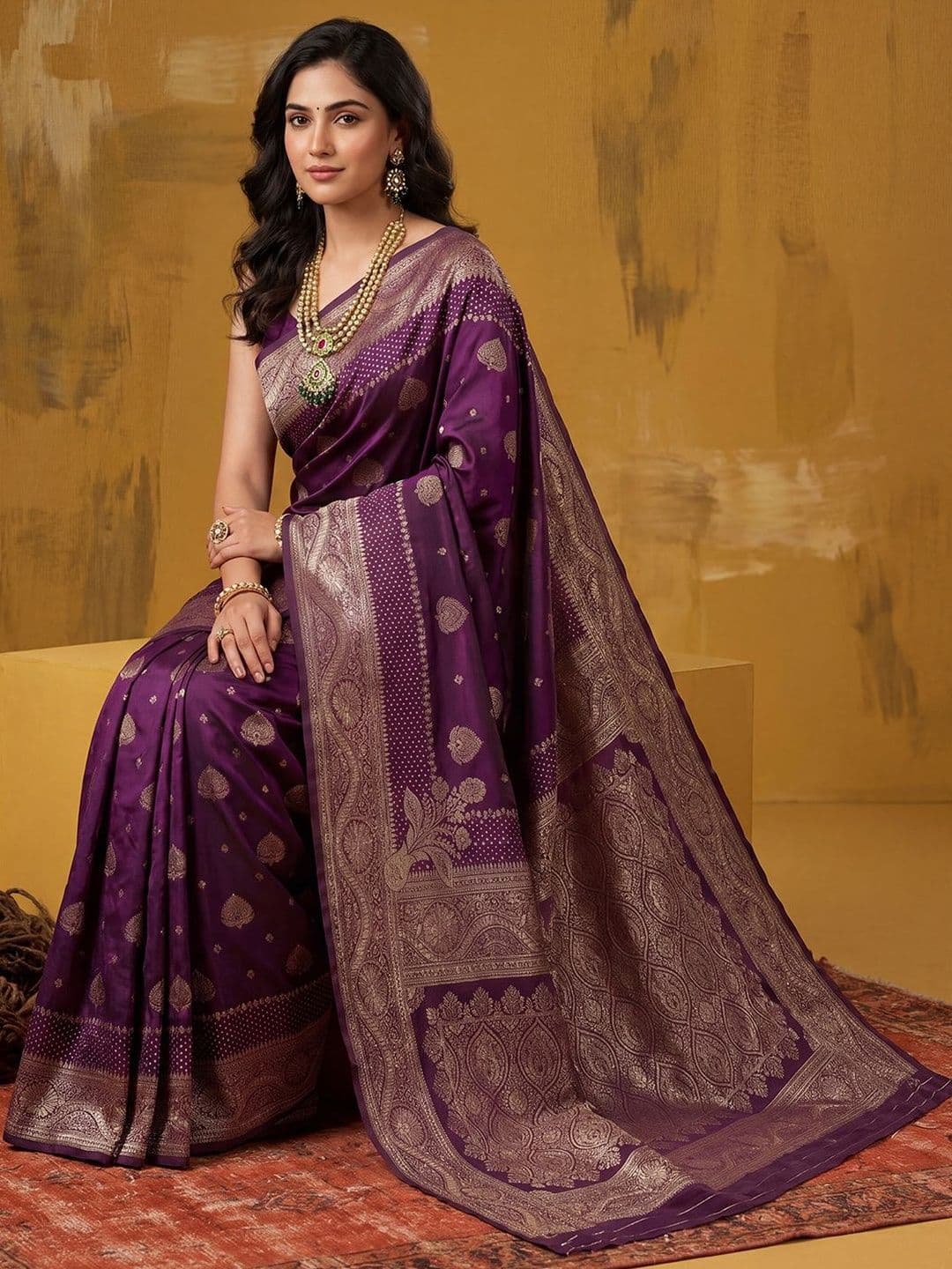 KALINI Purple Ethnic Motifs Zari Heavy Work Banarasi Saree Unstiched Blouse thumbnail 5