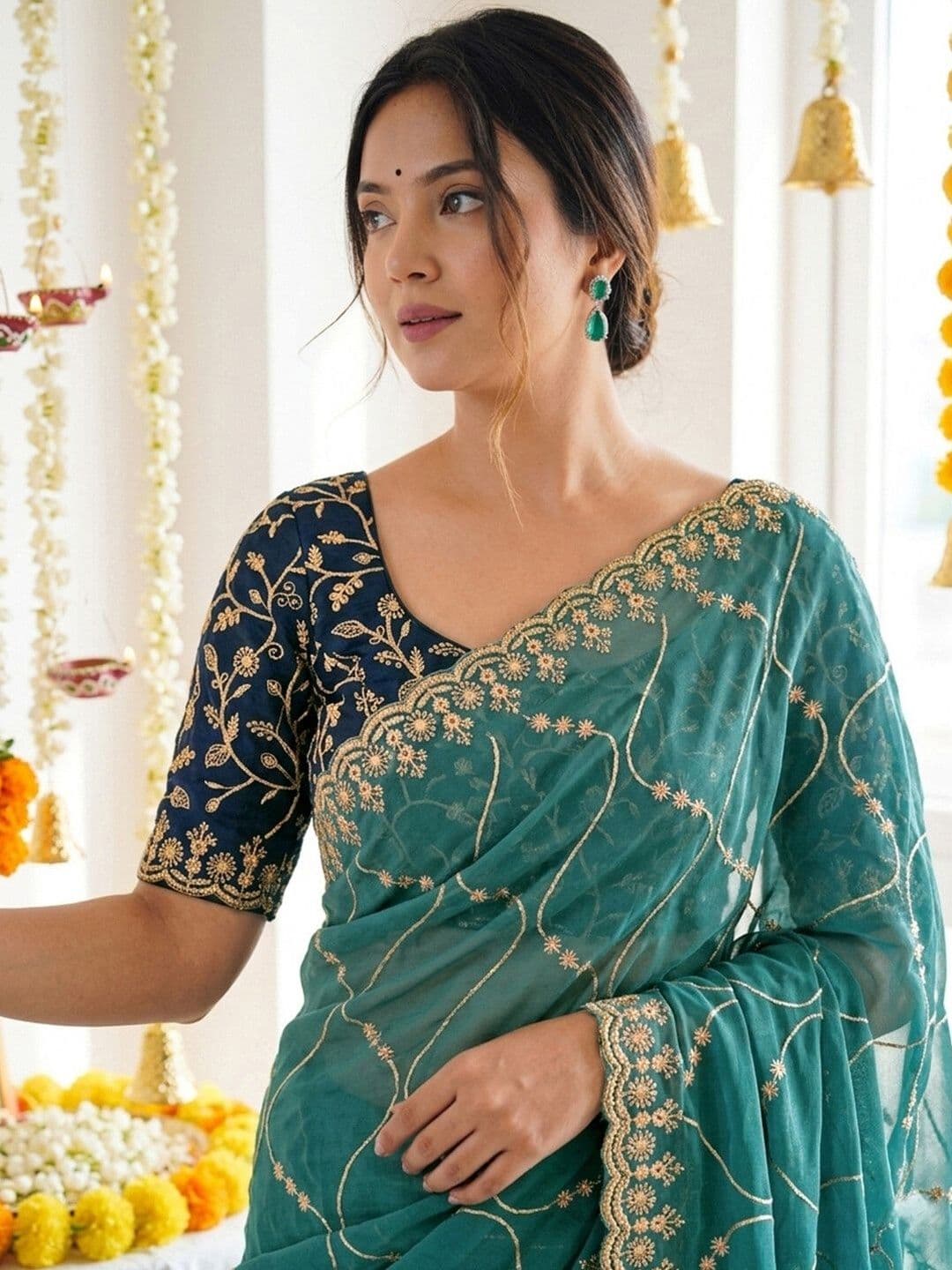 Satrani Embellished Embroidered Pure Georgette Saree With Designer Blouse thumbnail 7