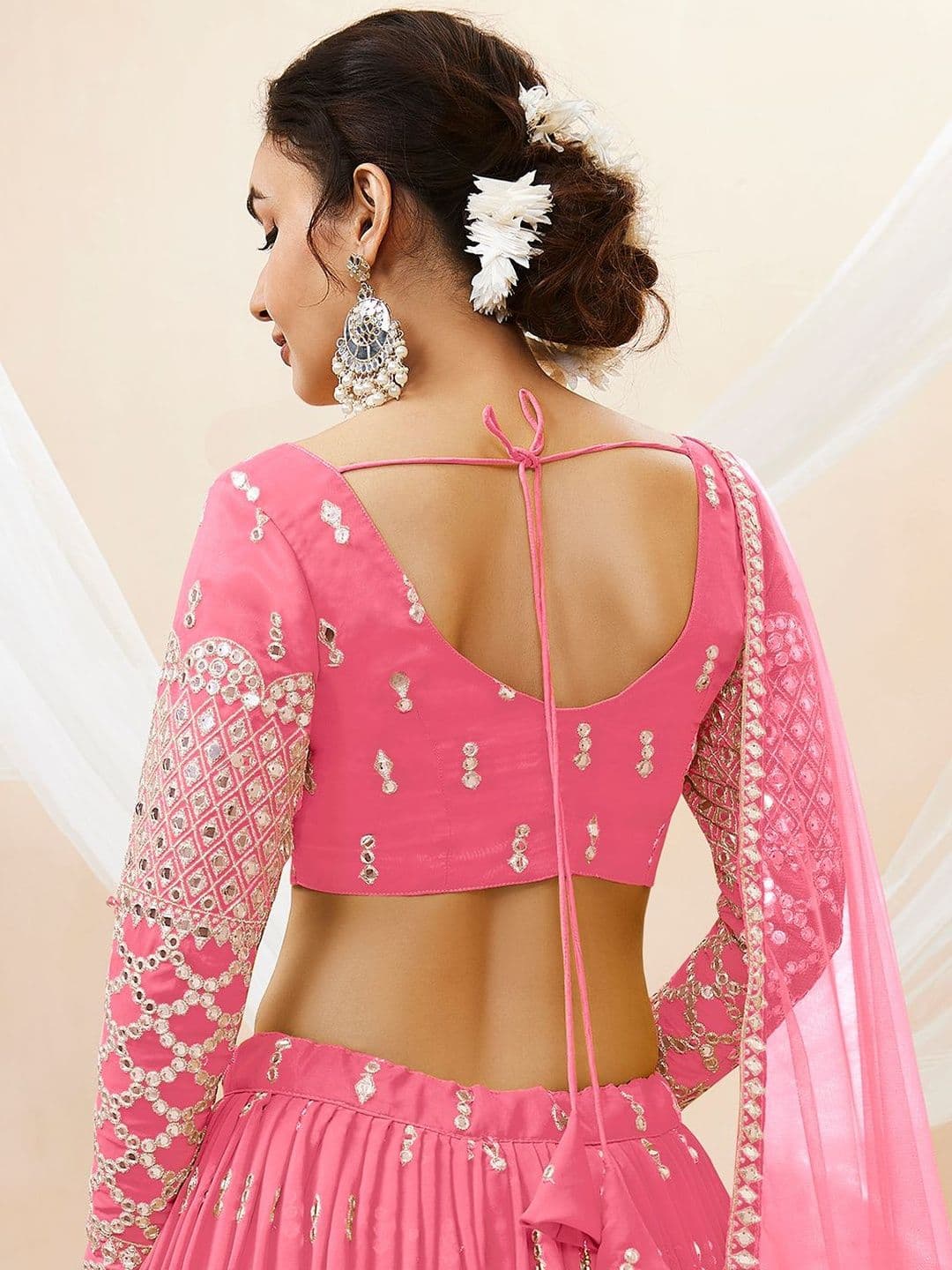 ETHNIC PLUS Embroidered Pink Embellished Mirror Work Semi-Stitched Lehenga & Blouse With Dupatta thumbnail 5