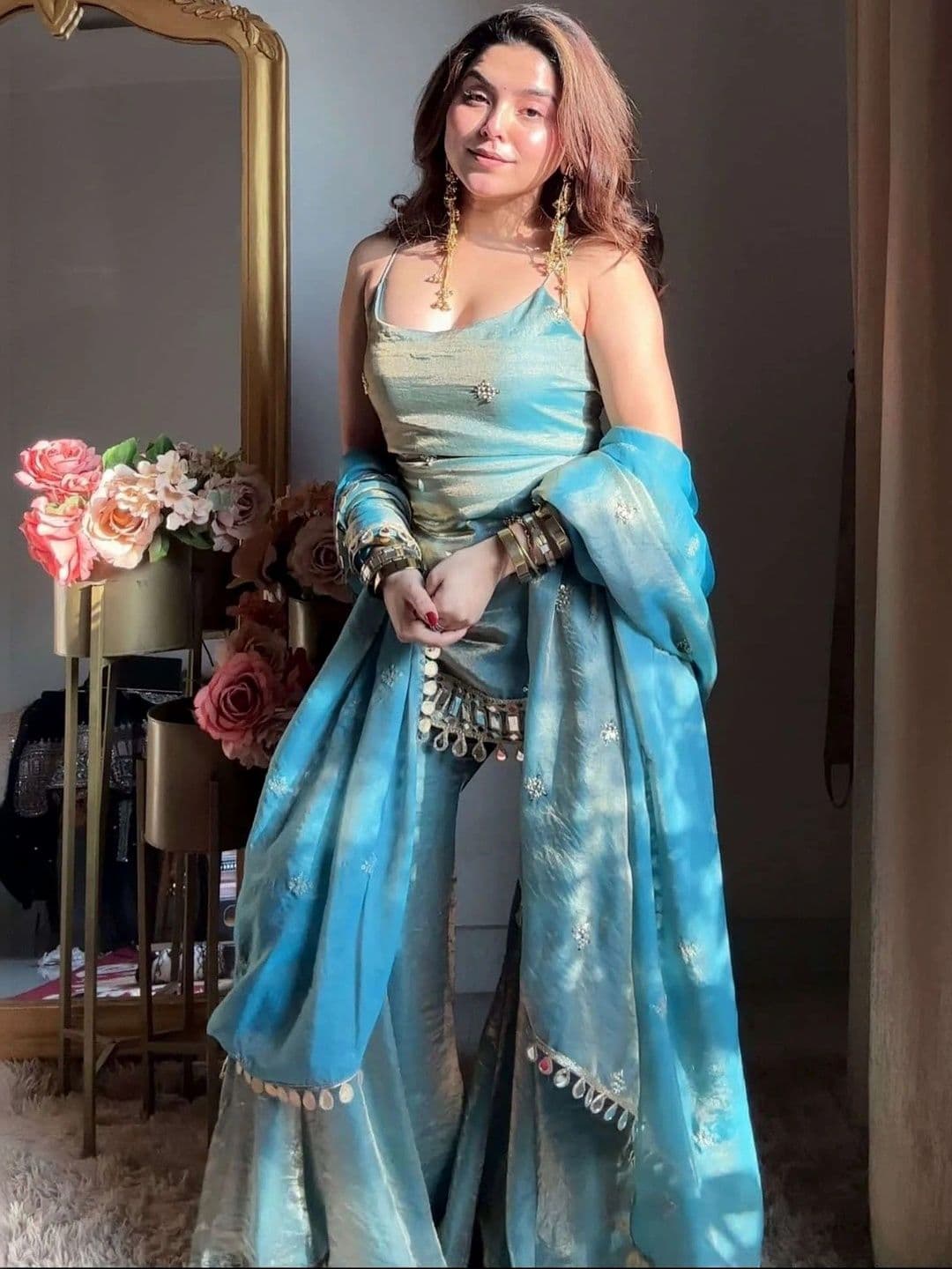 HERE&NOW Women Regular Mirror Work Silk Georgette Top with Palazzos & With Dupatta thumbnail 3