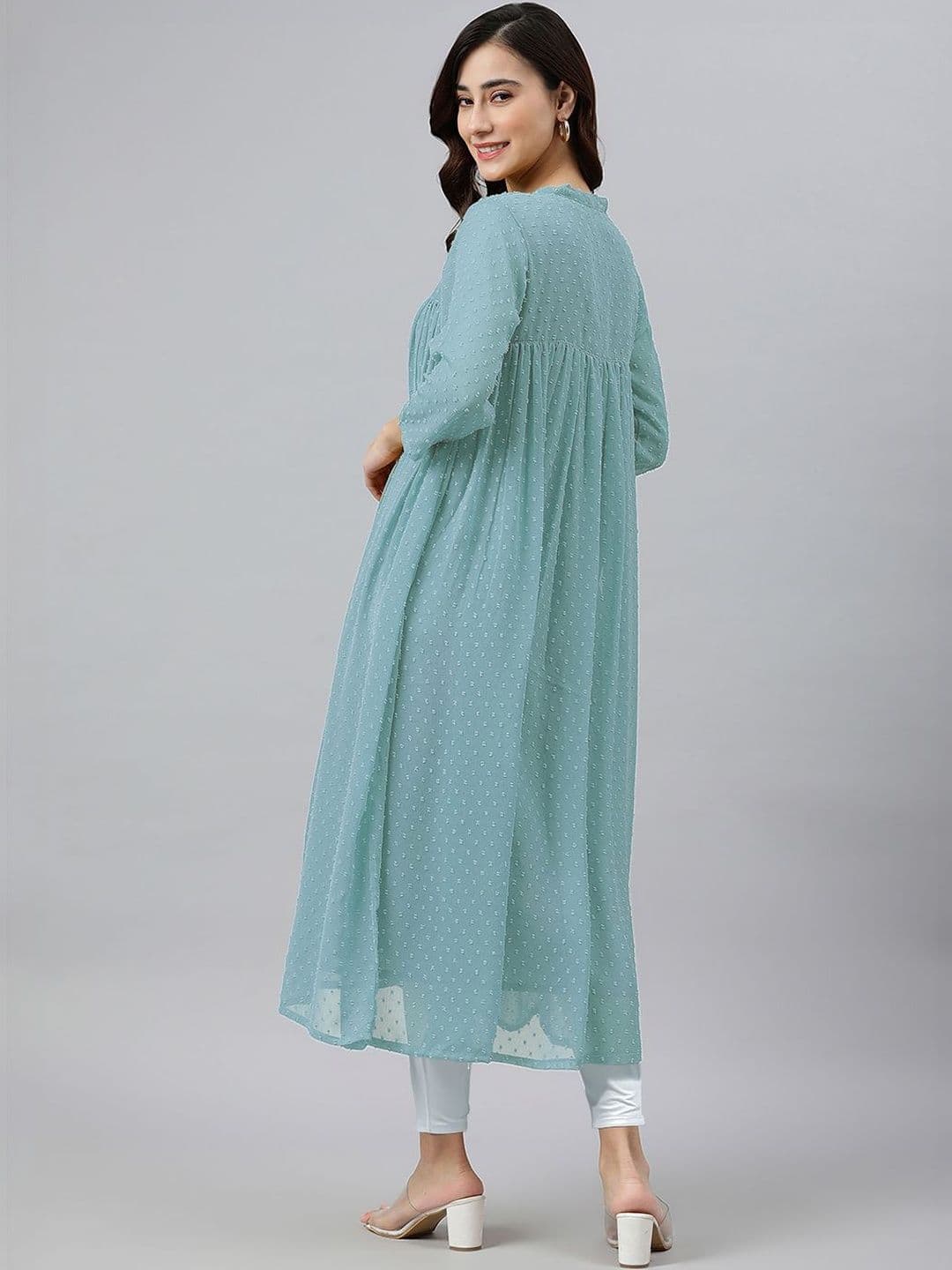 Janasya Women Blue Dobby Chiffon Self Design Flared Kurta thumbnail 6