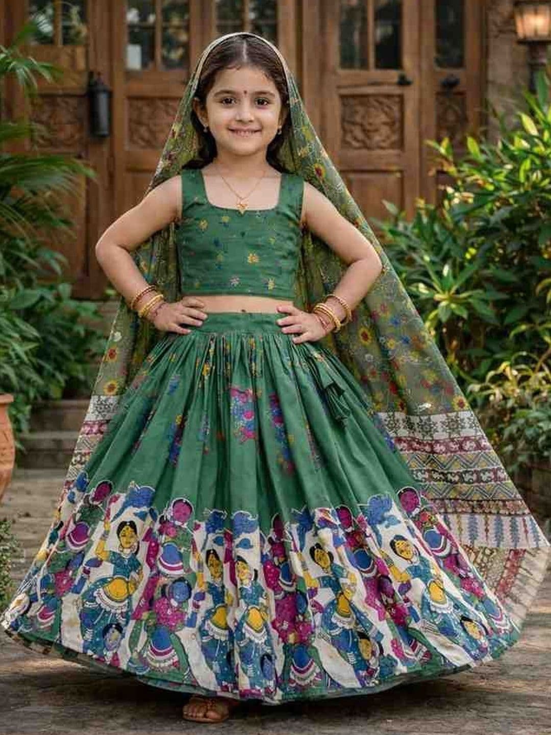 KALINI Girls Embroidered Kalamkari Ready to Wear Lehenga & Blouse With Dupatta - view 1