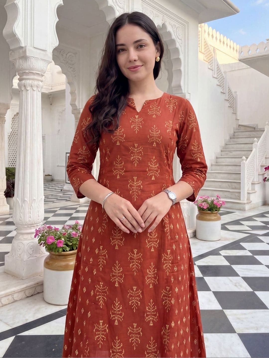 Indo Era Women Ethnic Motifs Printed Regular Pure Cotton Kurta with Trousers thumbnail 5
