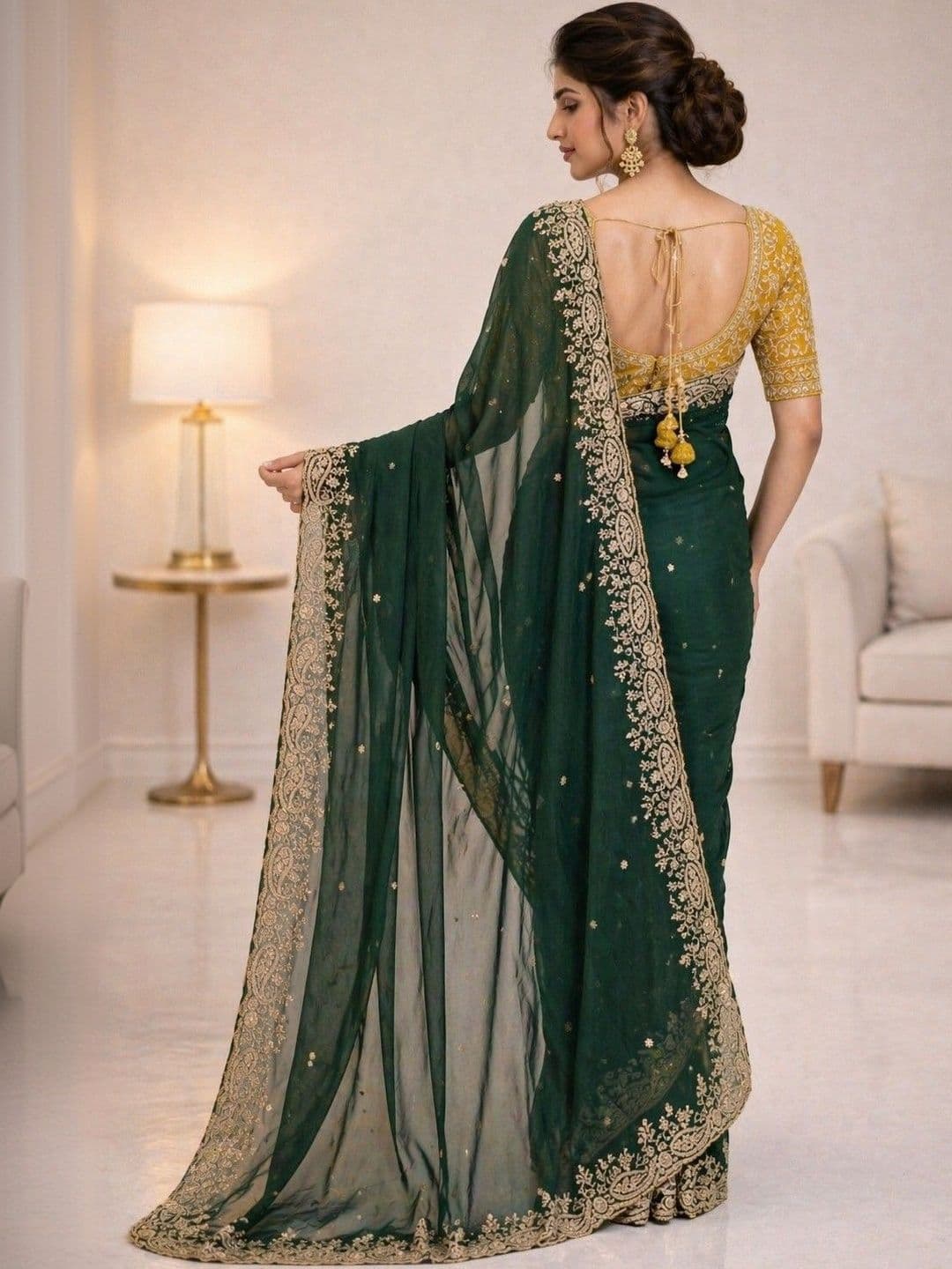 HERE&NOW Ethnic Motifs Embroidered Poly Georgette Heavy Work Banarasi Saree thumbnail 2