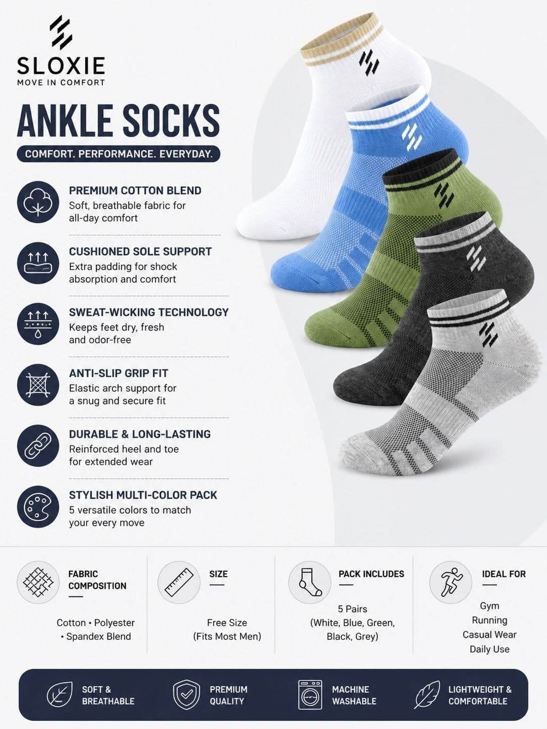 Sloxie Unisex Pack of 5 Cotton Patterned Ankle Length Socks thumbnail 4