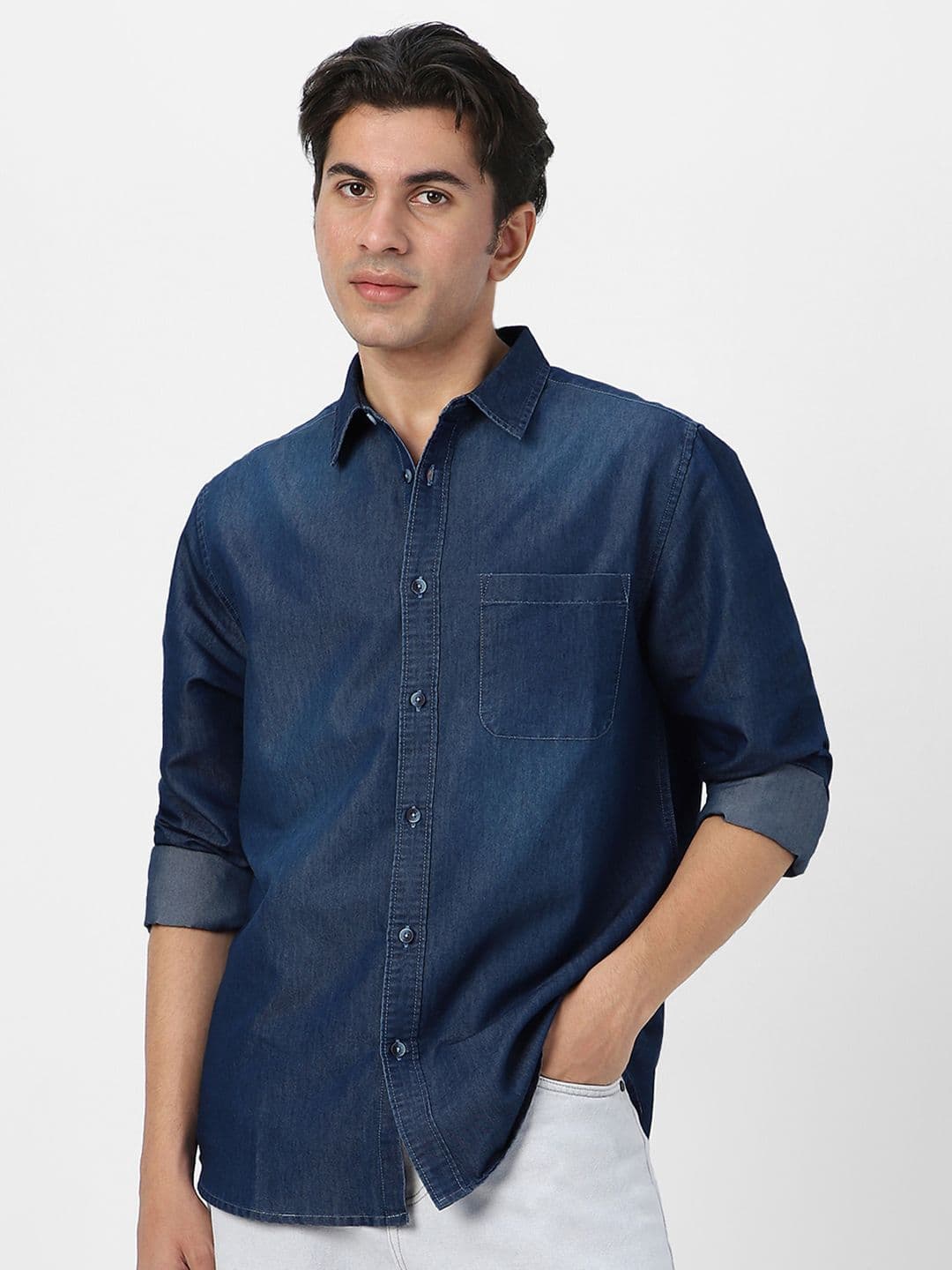 Urbano Fashion Men Spread Collar Solid Denim Casual Shirt thumbnail 3